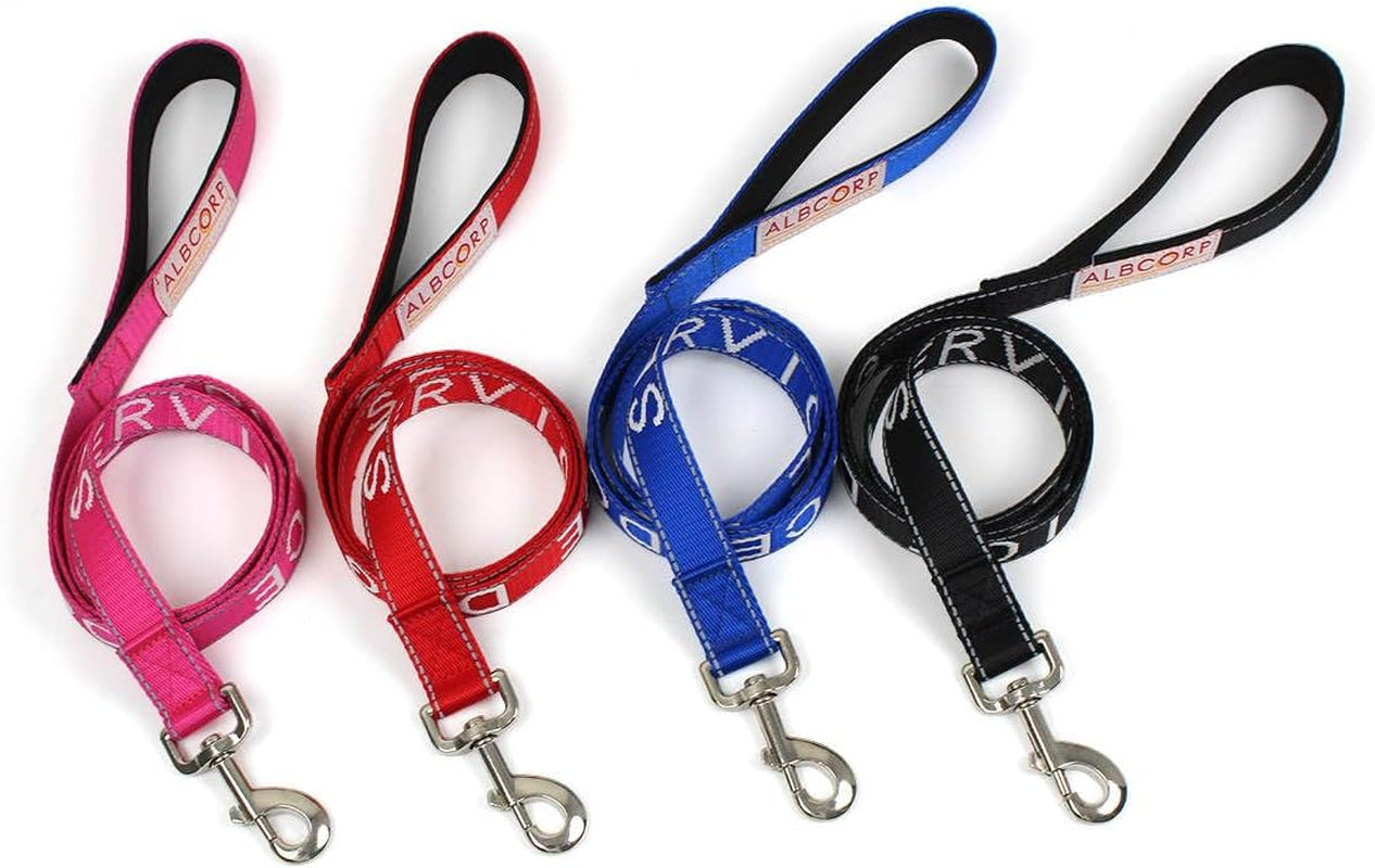 Service Dog Leash - Embroidered- with Padded Neoprene Handle and Reflective Threads, 4 Feet, for Harnesses, Vests or Collars, Black