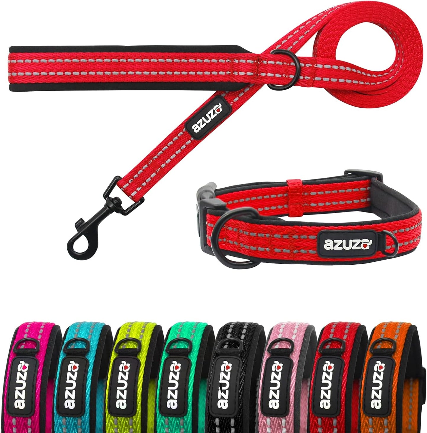 Durable Padded Dog Leash and Collar Set,Reflective Strip Extra Safe and Comfy for Large Dogs, Orange