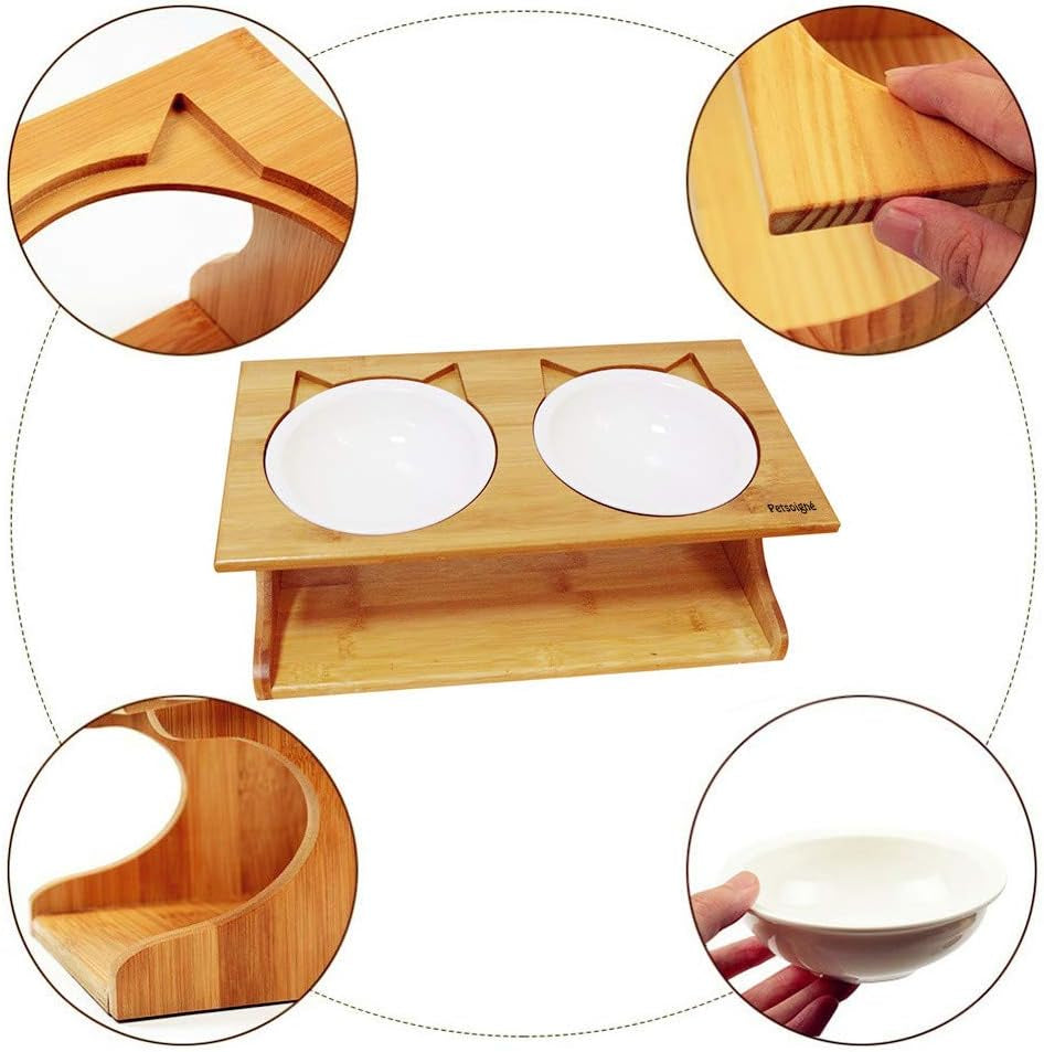Cat Bowls Pet Dining Table with Raised Slope Wooden Stand Elevated Pet Bowls with Oblique Stand for More Comfortable Eating for Cats, Dogs, Kitten and Puppy (Double Bowl, Ceramics)