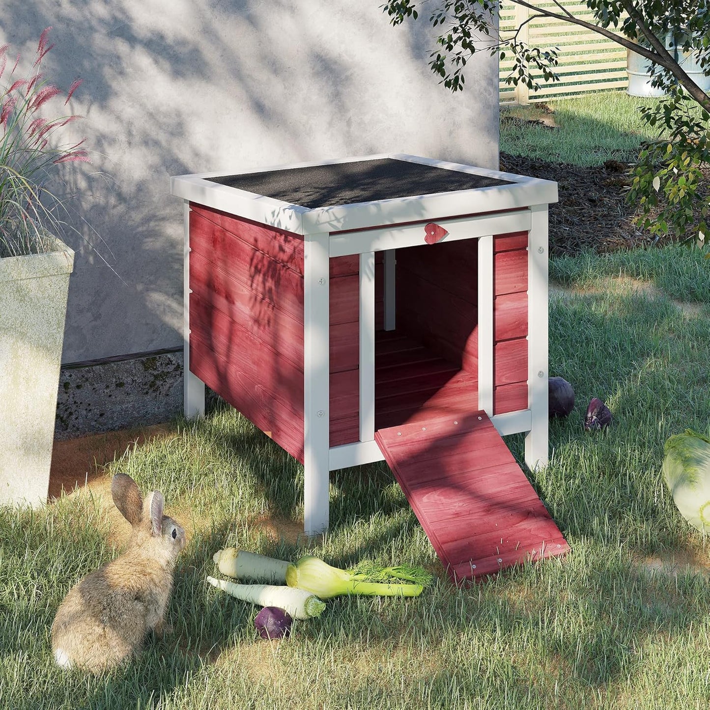 Small Wooden Rabbit Hutch Bunny Cage Guinea Pig Cage Duck House Dog House with Openable & Waterproof Roof, Red