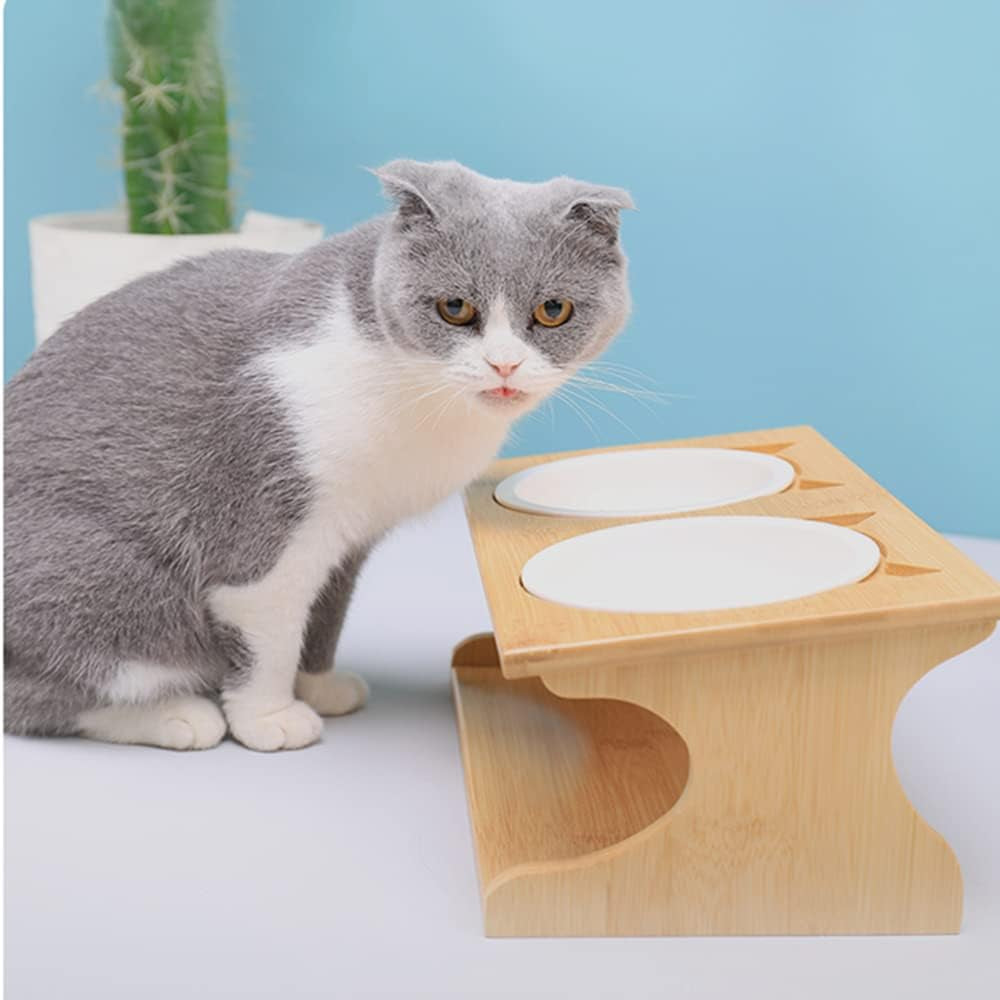 Cat Bowls Pet Dining Table with Raised Slope Wooden Stand Elevated Pet Bowls with Oblique Stand for More Comfortable Eating for Cats, Dogs, Kitten and Puppy (Double Bowl, Ceramics)