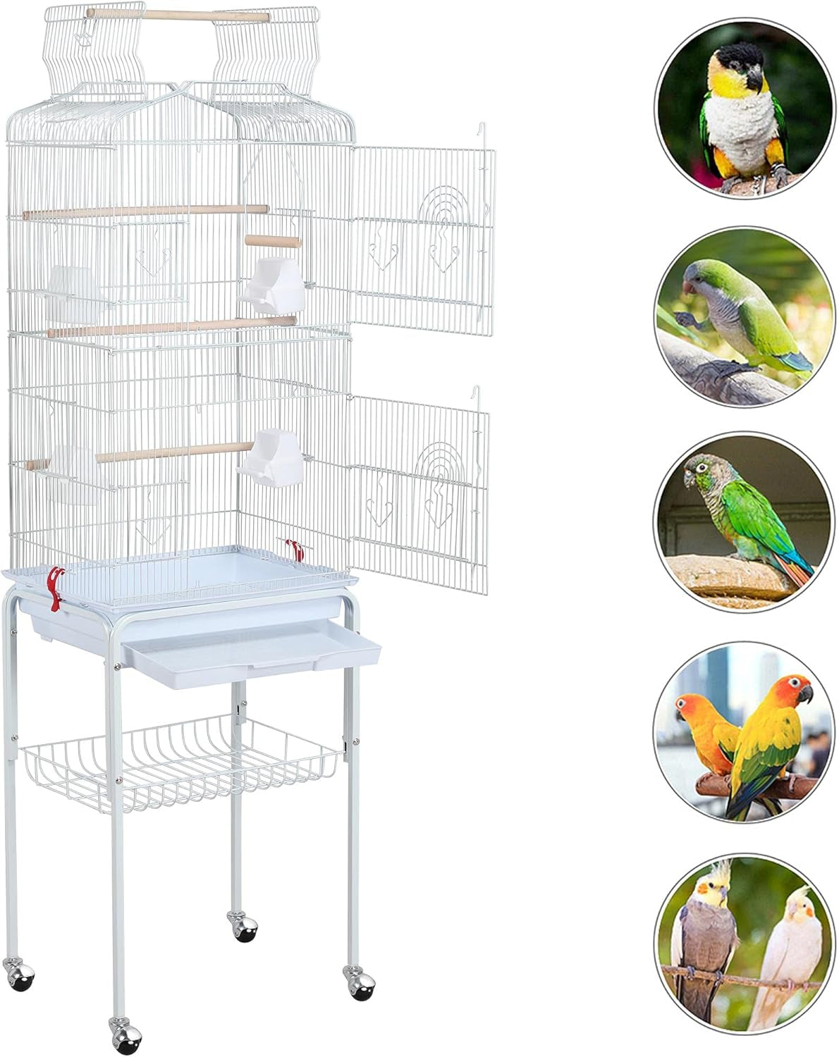 64-Inch Open Play Top Bird Cages for Parakeets Cockatiels Finches Lovebirds Canaries Conures Budgies Parrot Birdcage W/Detachable Rolling Stand, White