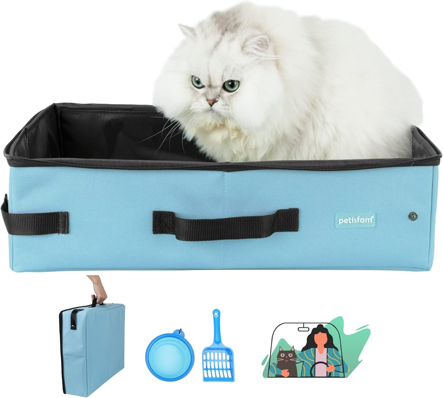 Portable Cat Travel Litter Box. No Leakage, Smell and Messes. One-Handed Carrying for Road Trip, Hotel Stays, Car and Airplane