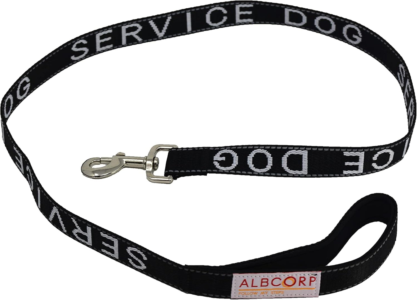 Service Dog Leash - Embroidered- with Padded Neoprene Handle and Reflective Threads, 4 Feet, for Harnesses, Vests or Collars, Black