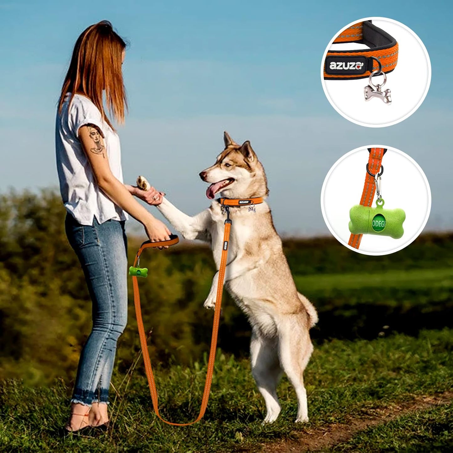 Durable Padded Dog Leash and Collar Set,Reflective Strip Extra Safe and Comfy for Large Dogs, Orange