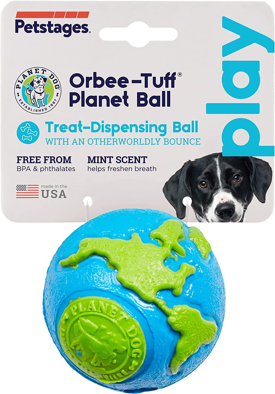 Outward Hound by Orbee-Tuff Planet Ball Blue/Green Treat-Dispensing Dog Toy, Medium