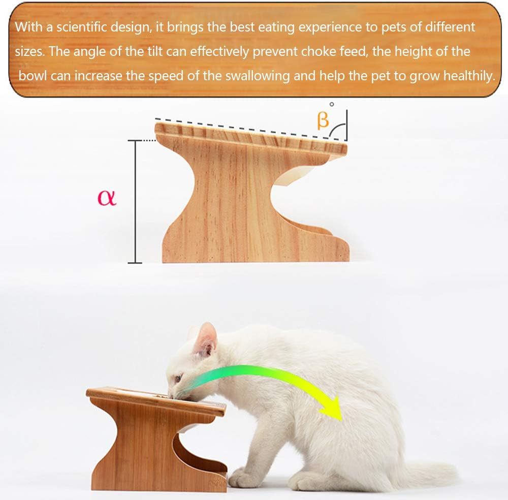 Cat Bowls Pet Dining Table with Raised Slope Wooden Stand Elevated Pet Bowls with Oblique Stand for More Comfortable Eating for Cats, Dogs, Kitten and Puppy (Double Bowl, Ceramics)