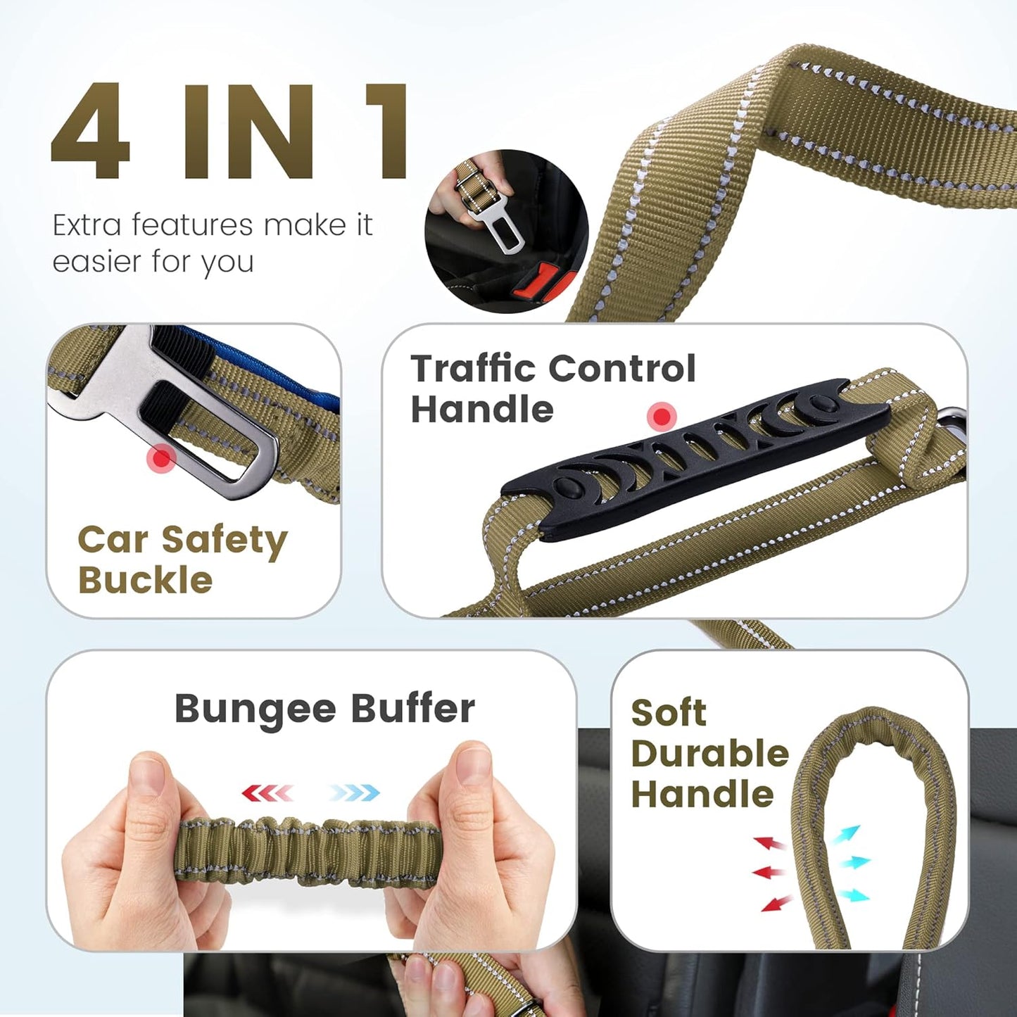 6Ft /4Ft Dog Leash Rope with Comfortable Padded Handle and Highly Reflective Threads for Medium & Large Dogs,4-In-1 Multifunctional Dog Leashes with Car Seat Belt for Training (Army Green)