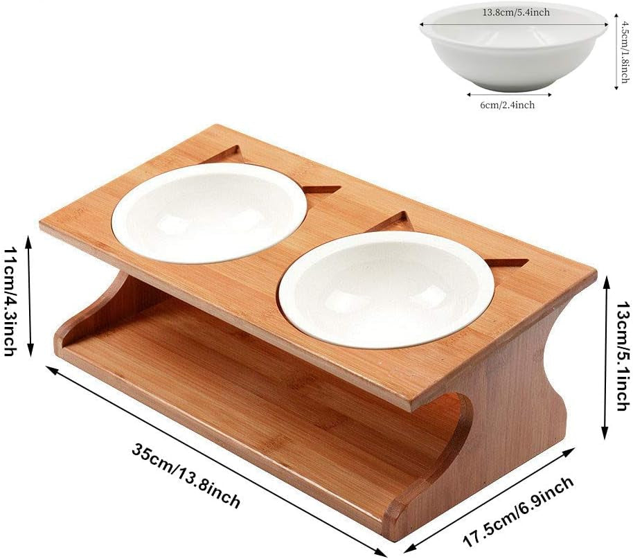 Cat Bowls Pet Dining Table with Raised Slope Wooden Stand Elevated Pet Bowls with Oblique Stand for More Comfortable Eating for Cats, Dogs, Kitten and Puppy (Double Bowl, Ceramics)