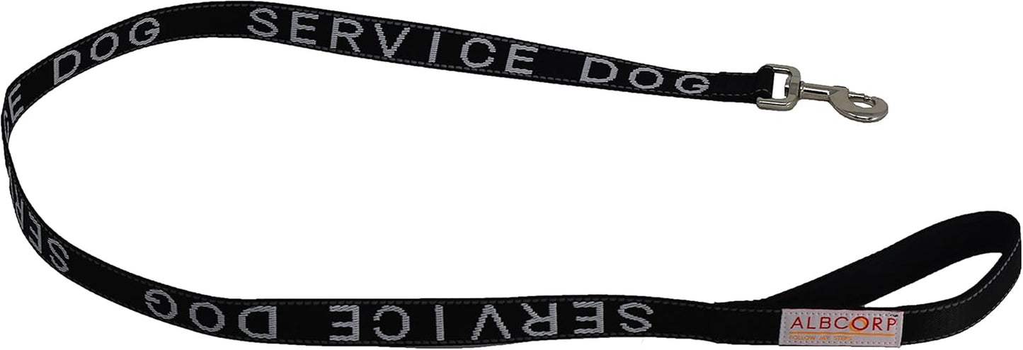 Service Dog Leash - Embroidered- with Padded Neoprene Handle and Reflective Threads, 4 Feet, for Harnesses, Vests or Collars, Black