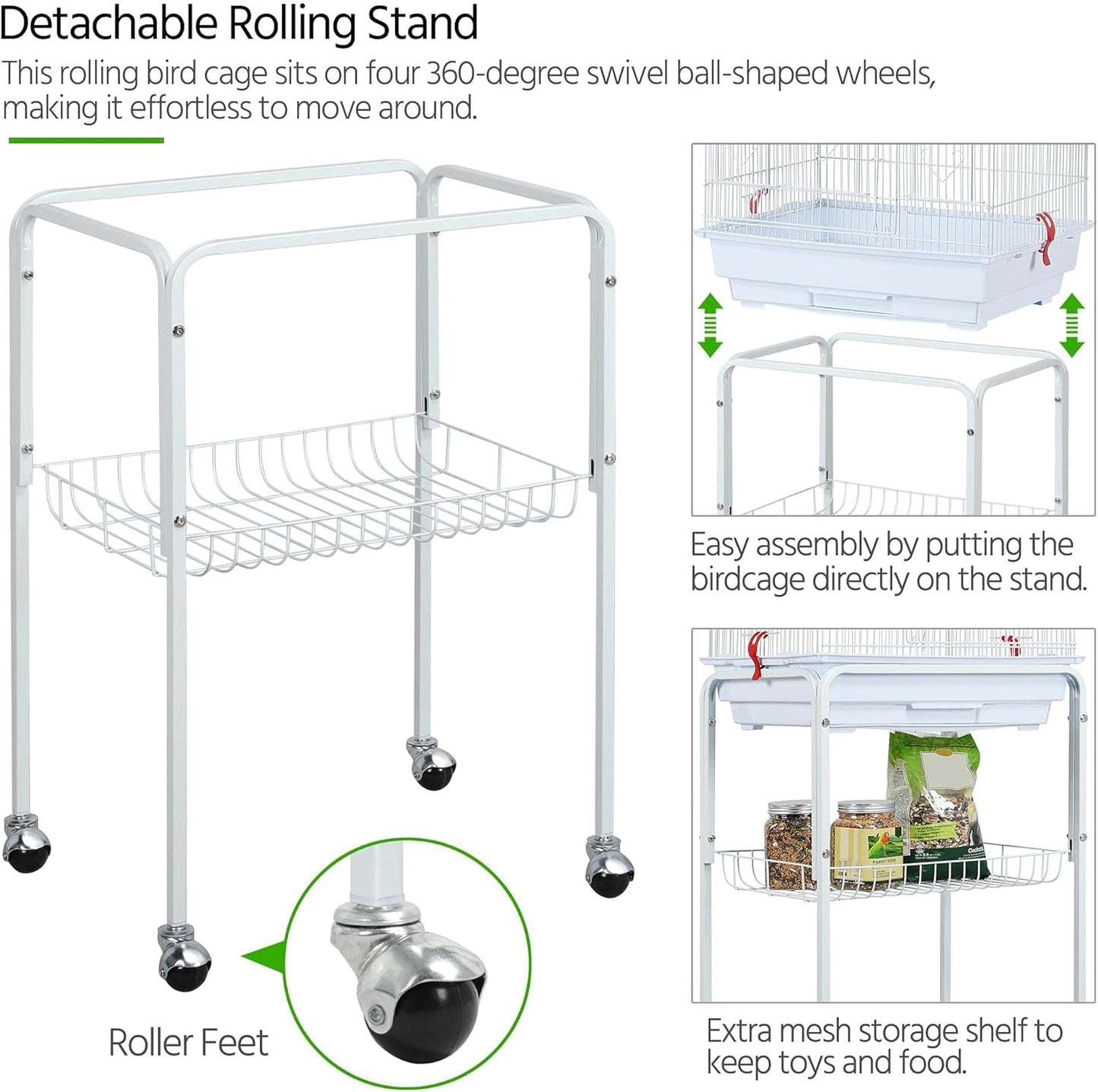 64-Inch Open Play Top Bird Cages for Parakeets Cockatiels Finches Lovebirds Canaries Conures Budgies Parrot Birdcage W/Detachable Rolling Stand, White