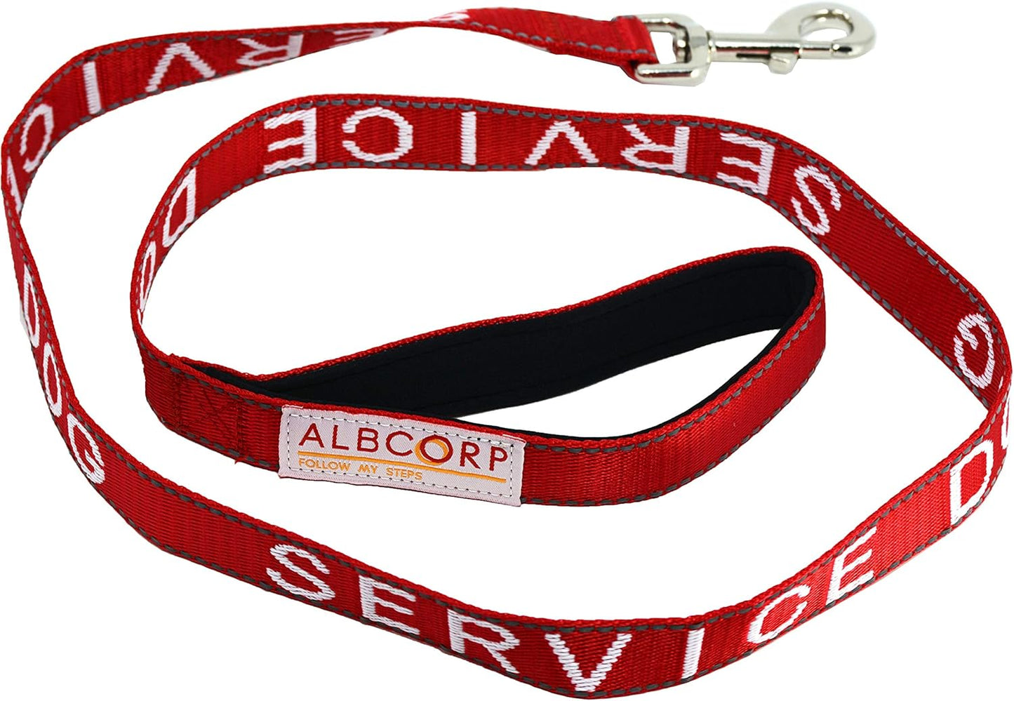 Service Dog Leash - Embroidered- with Padded Neoprene Handle and Reflective Threads, 4 Feet, for Harnesses, Vests or Collars, Black