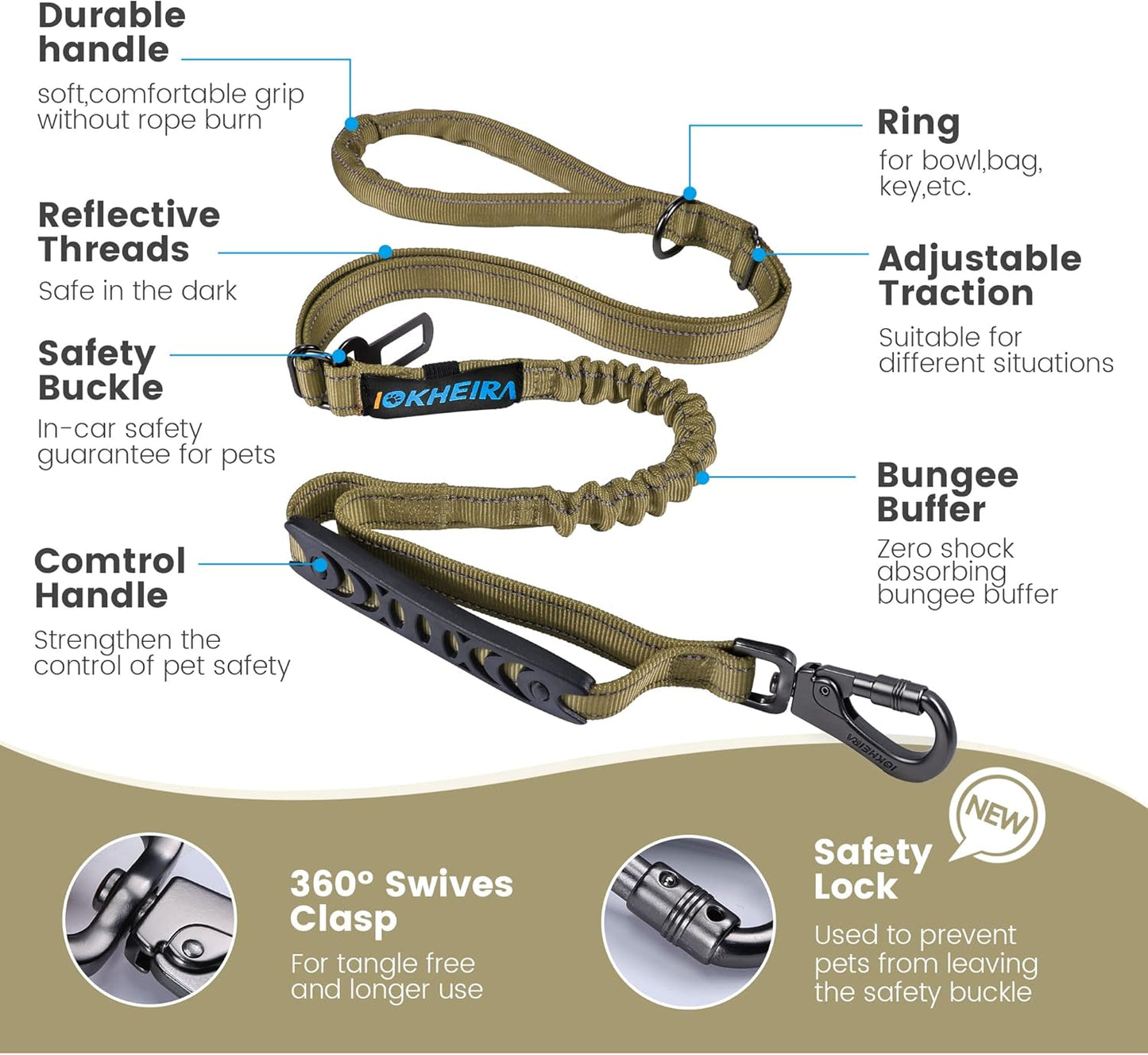 6Ft /4Ft Dog Leash Rope with Comfortable Padded Handle and Highly Reflective Threads for Medium & Large Dogs,4-In-1 Multifunctional Dog Leashes with Car Seat Belt for Training (Army Green)
