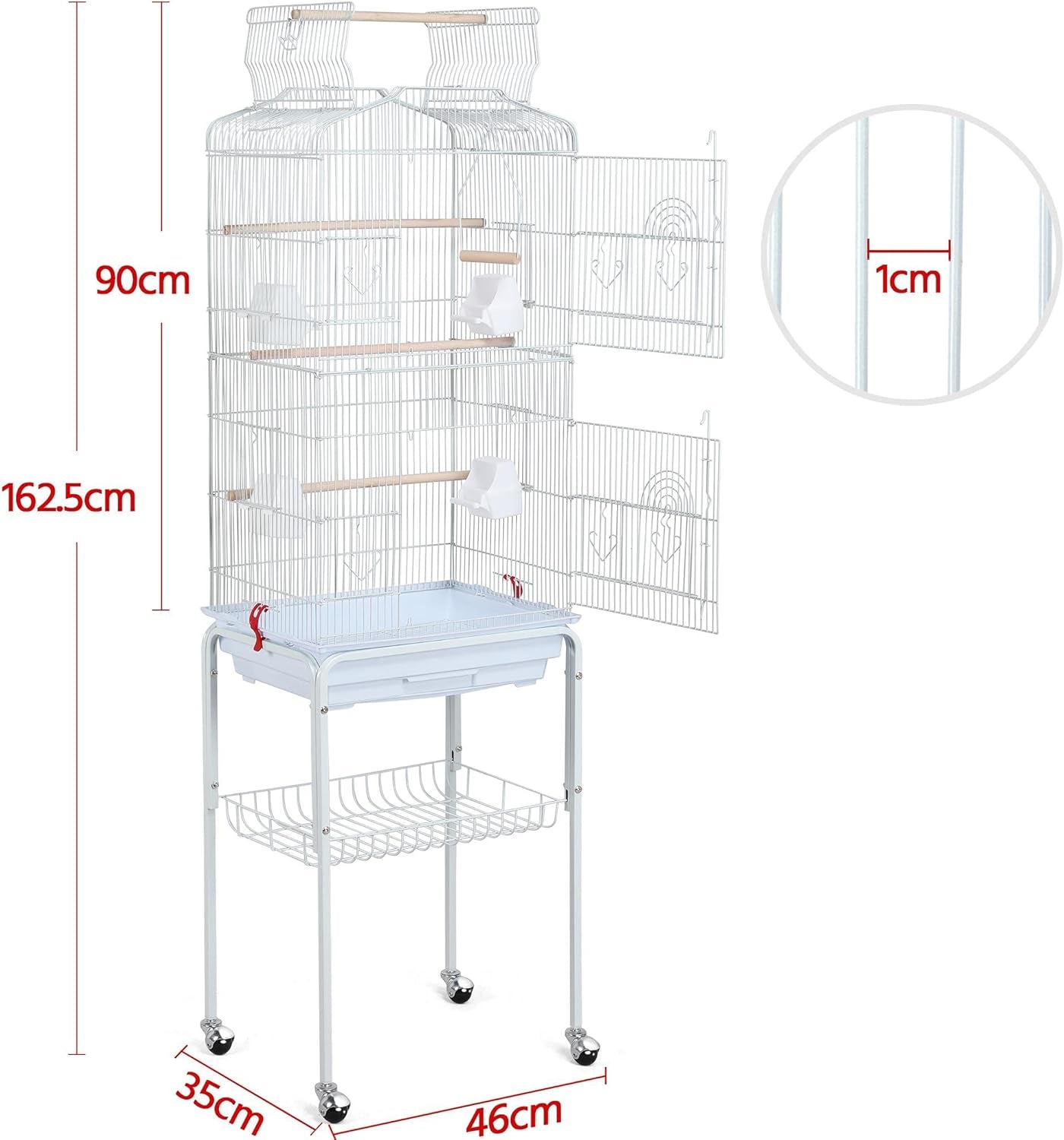 64-Inch Open Play Top Bird Cages for Parakeets Cockatiels Finches Lovebirds Canaries Conures Budgies Parrot Birdcage W/Detachable Rolling Stand, White
