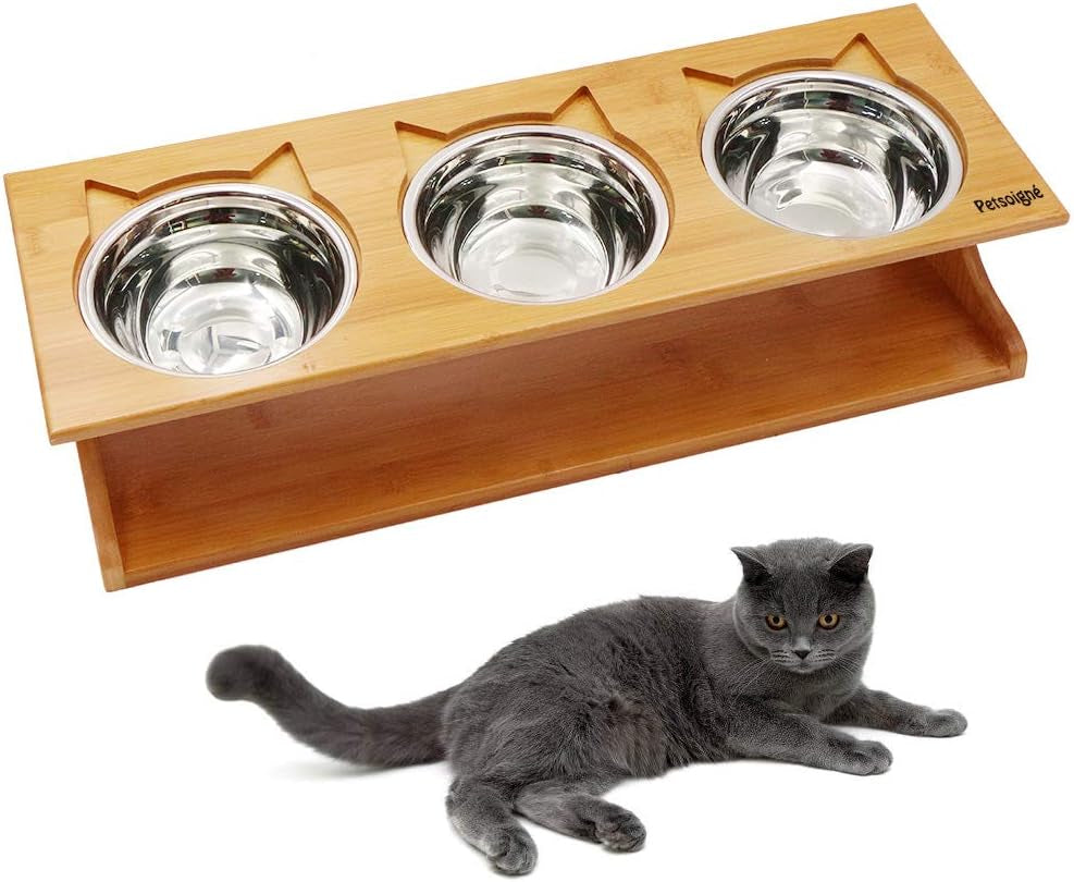 Cat Bowls Pet Dining Table with Raised Slope Wooden Stand Elevated Pet Bowls with Oblique Stand for More Comfortable Eating for Cats, Dogs, Kitten and Puppy (Double Bowl, Ceramics)