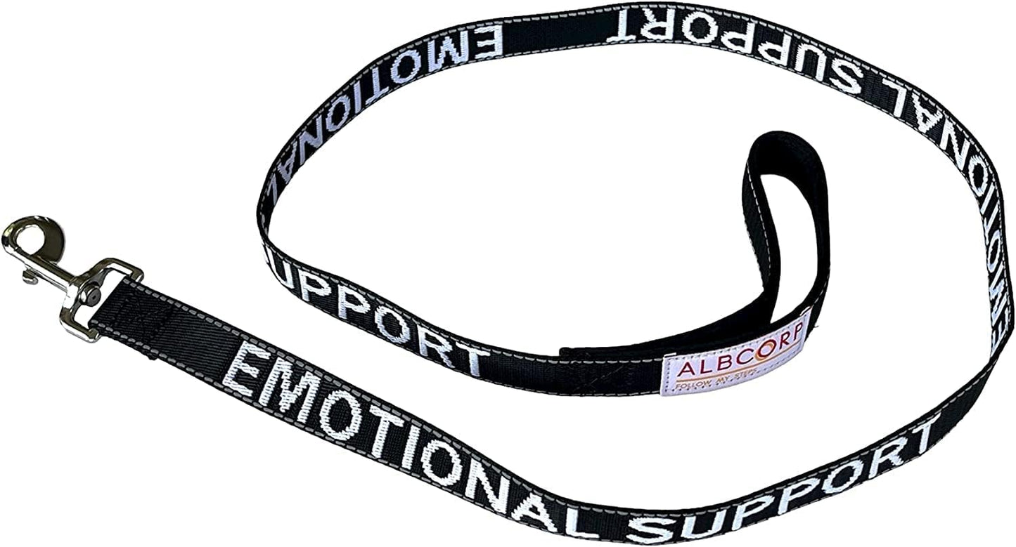 Service Dog Leash - Embroidered- with Padded Neoprene Handle and Reflective Threads, 4 Feet, for Harnesses, Vests or Collars, Black