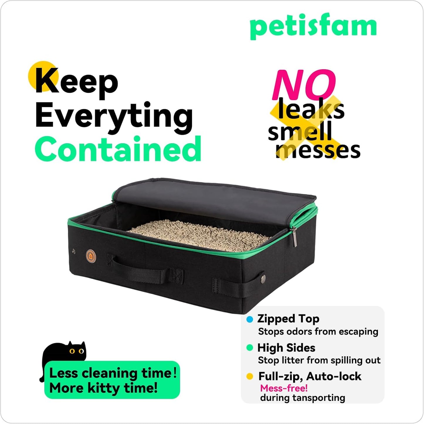 Portable Cat Travel Litter Box. No Leakage, Smell and Messes. One-Handed Carrying for Road Trip, Hotel Stays, Car and Airplane
