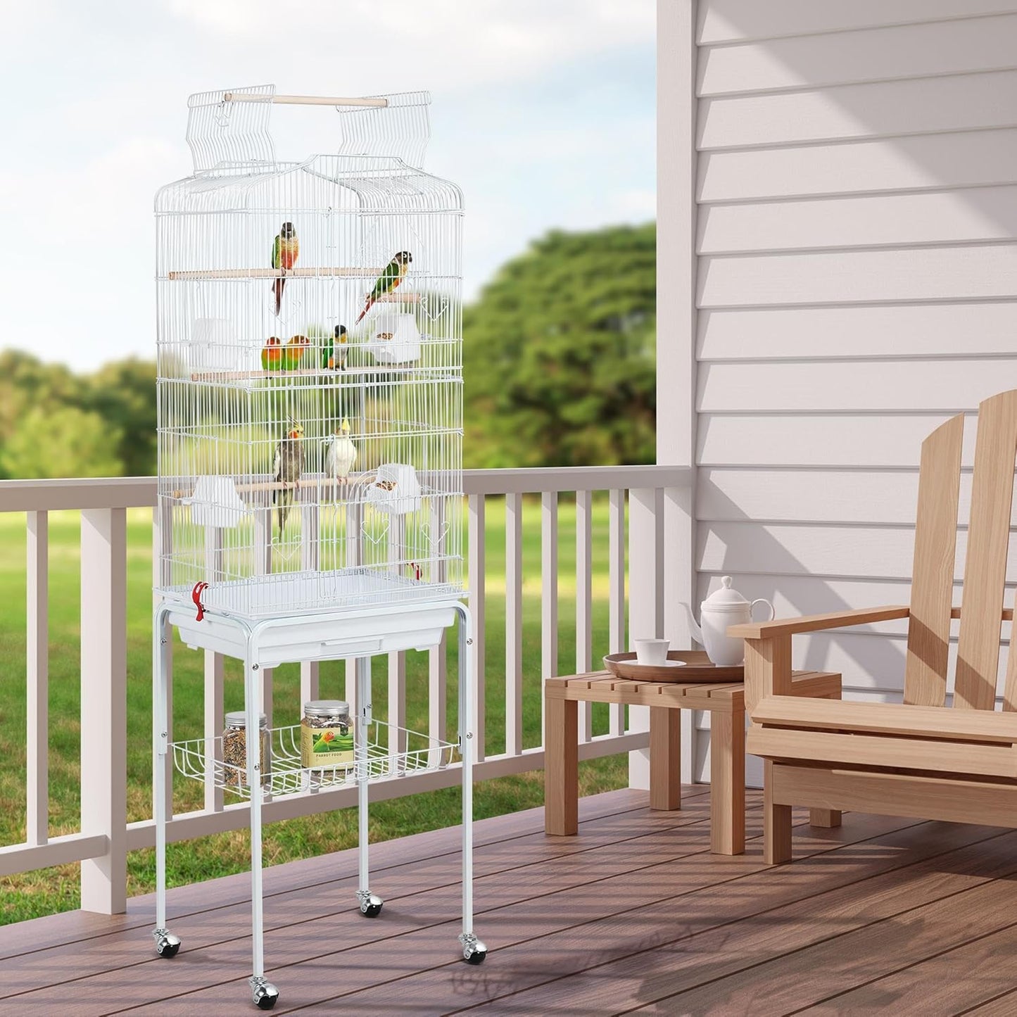 64-Inch Open Play Top Bird Cages for Parakeets Cockatiels Finches Lovebirds Canaries Conures Budgies Parrot Birdcage W/Detachable Rolling Stand, White