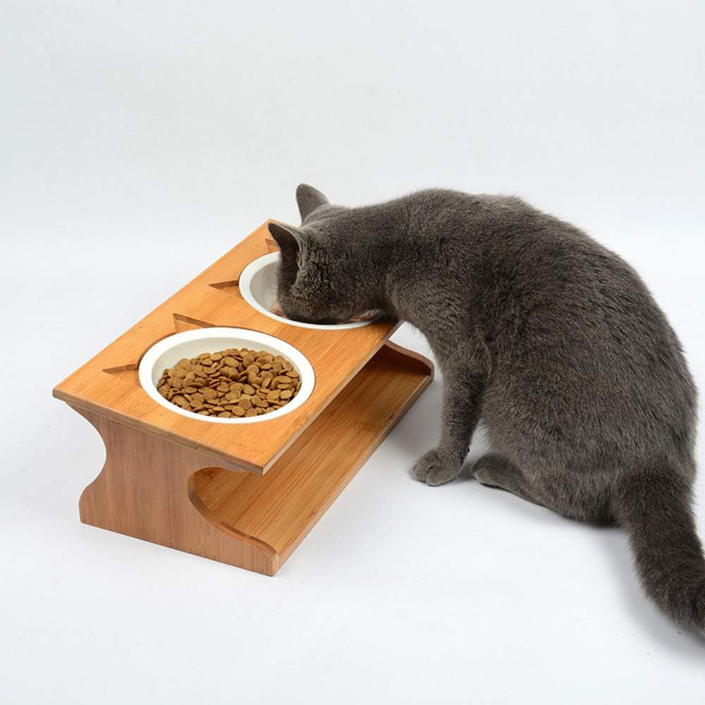 Cat Bowls Pet Dining Table with Raised Slope Wooden Stand Elevated Pet Bowls with Oblique Stand for More Comfortable Eating for Cats, Dogs, Kitten and Puppy (Double Bowl, Ceramics)