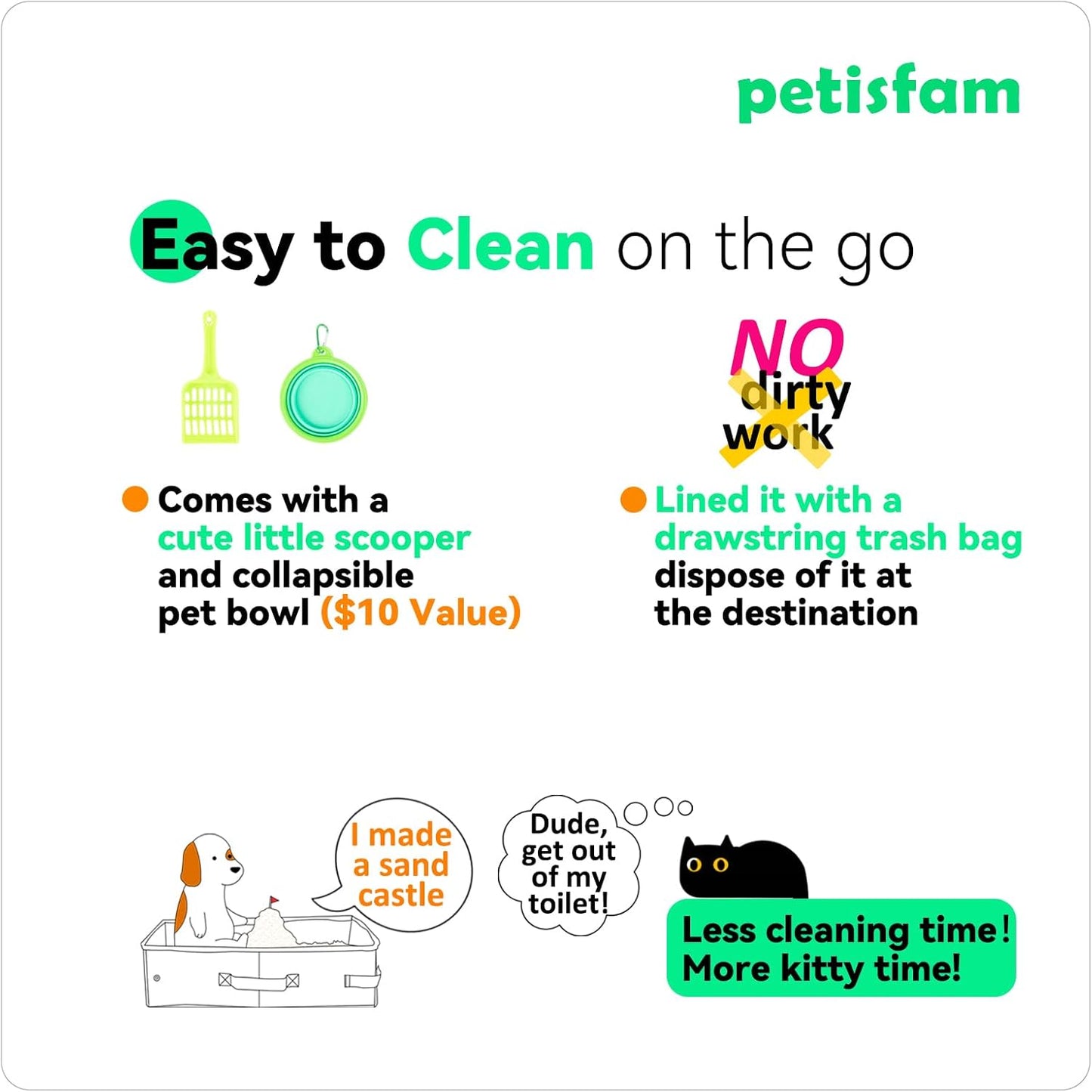 Portable Cat Travel Litter Box. No Leakage, Smell and Messes. One-Handed Carrying for Road Trip, Hotel Stays, Car and Airplane