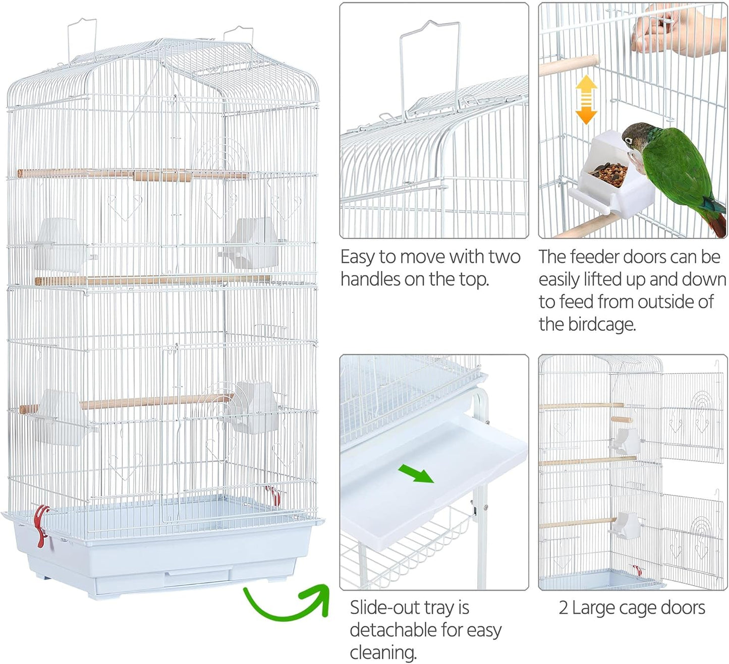 64-Inch Open Play Top Bird Cages for Parakeets Cockatiels Finches Lovebirds Canaries Conures Budgies Parrot Birdcage W/Detachable Rolling Stand, White