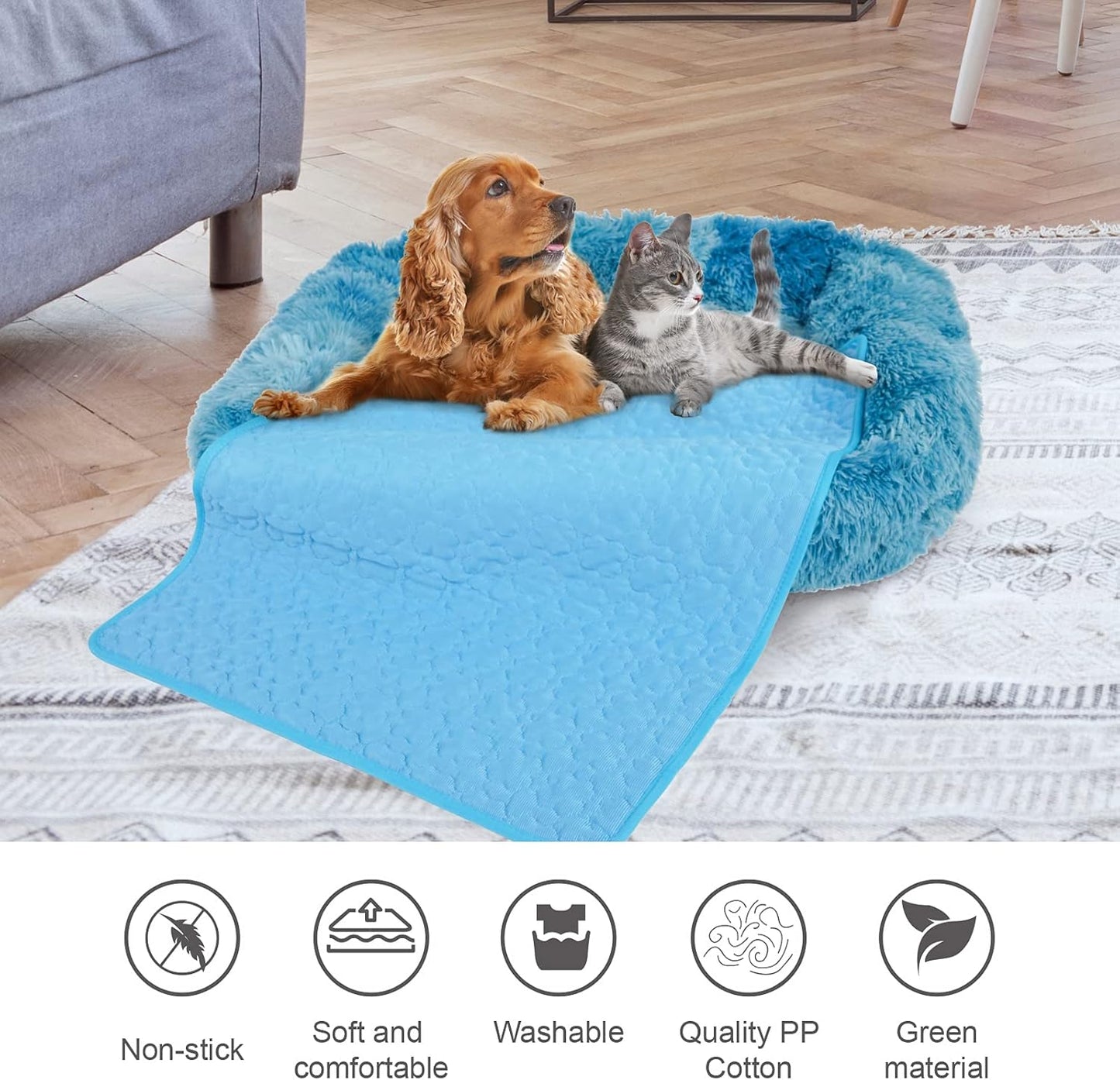 2 in 1 Rectangle Pet Bed and Cooling Mat Soft Long Plush Cat Bed Dog Bed and Ice Pad for Small, Medium, Large Dogs/Cats, Suitable for All Seasons Blue L