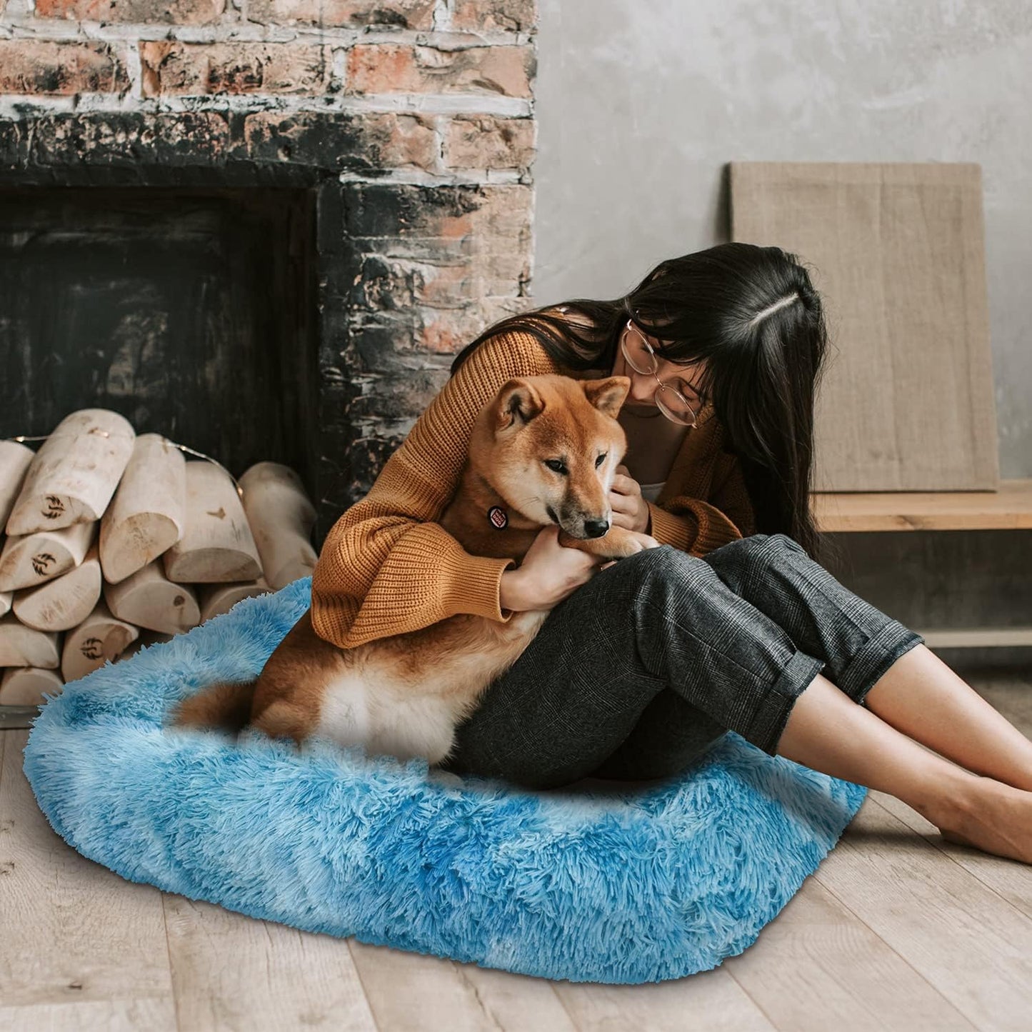 2 in 1 Rectangle Pet Bed and Cooling Mat Soft Long Plush Cat Bed Dog Bed and Ice Pad for Small, Medium, Large Dogs/Cats, Suitable for All Seasons Blue L