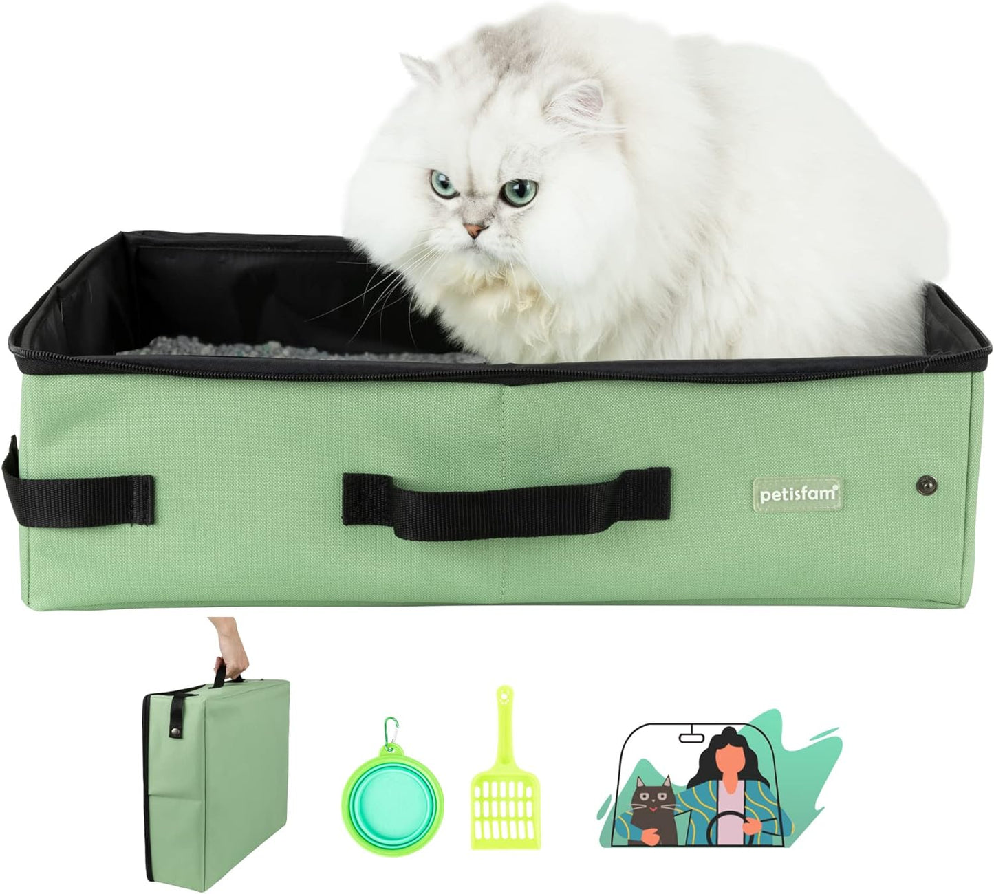 Portable Cat Travel Litter Box. No Leakage, Smell and Messes. One-Handed Carrying for Road Trip, Hotel Stays, Car and Airplane