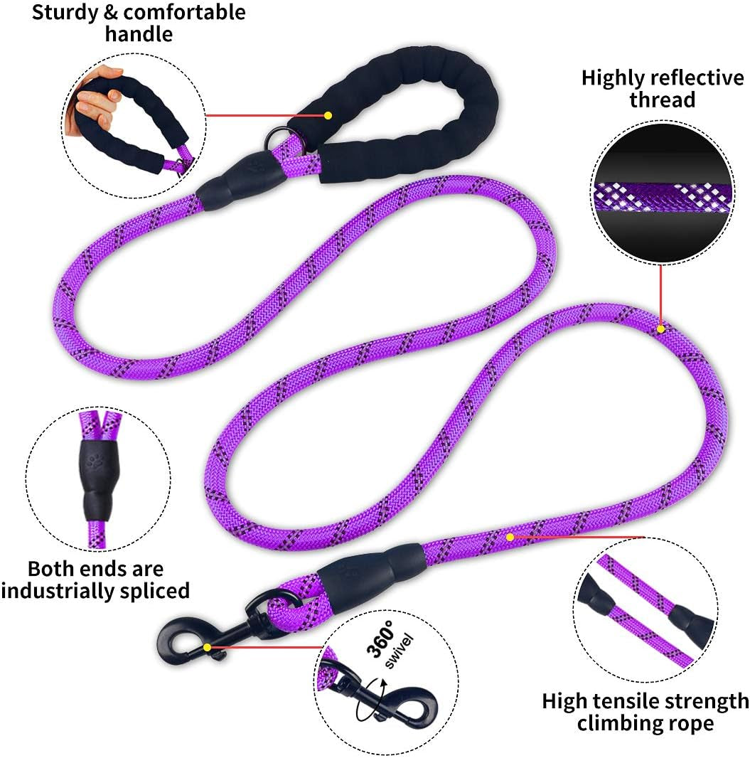 2 Pack Dog Leash 6 FT Thick Durable Nylon Rope - Comfortable Padded Handle - Highly Reflective Threads - Dog Leashes for Medium and Large Dogs with Collapsible Pet Bowl