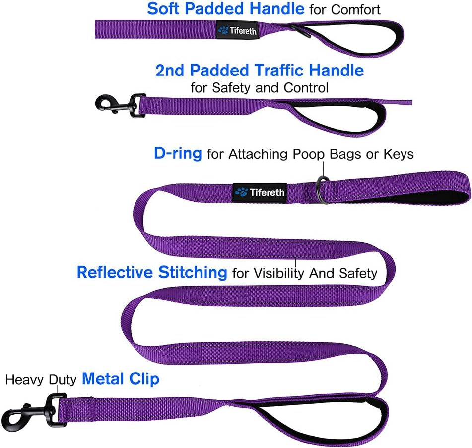 Large-Medium Two-Double Handle Dog-Leash - Heavy Duty 6Ft Foot Big Durable Nylon Padded Traffic Handle Leash for Medium to Large Dogs (New Purple)