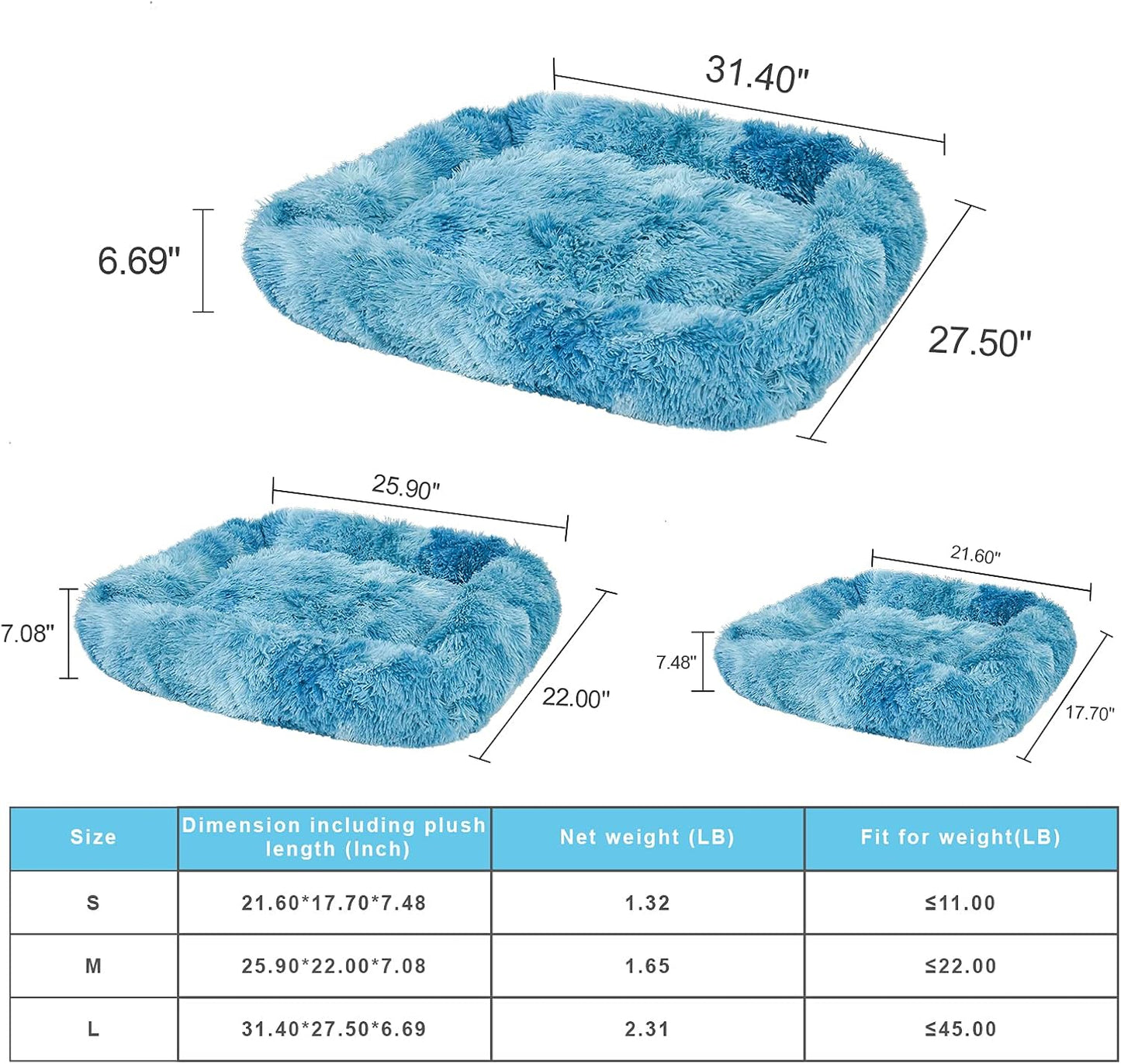 2 in 1 Rectangle Pet Bed and Cooling Mat Soft Long Plush Cat Bed Dog Bed and Ice Pad for Small, Medium, Large Dogs/Cats, Suitable for All Seasons Blue L