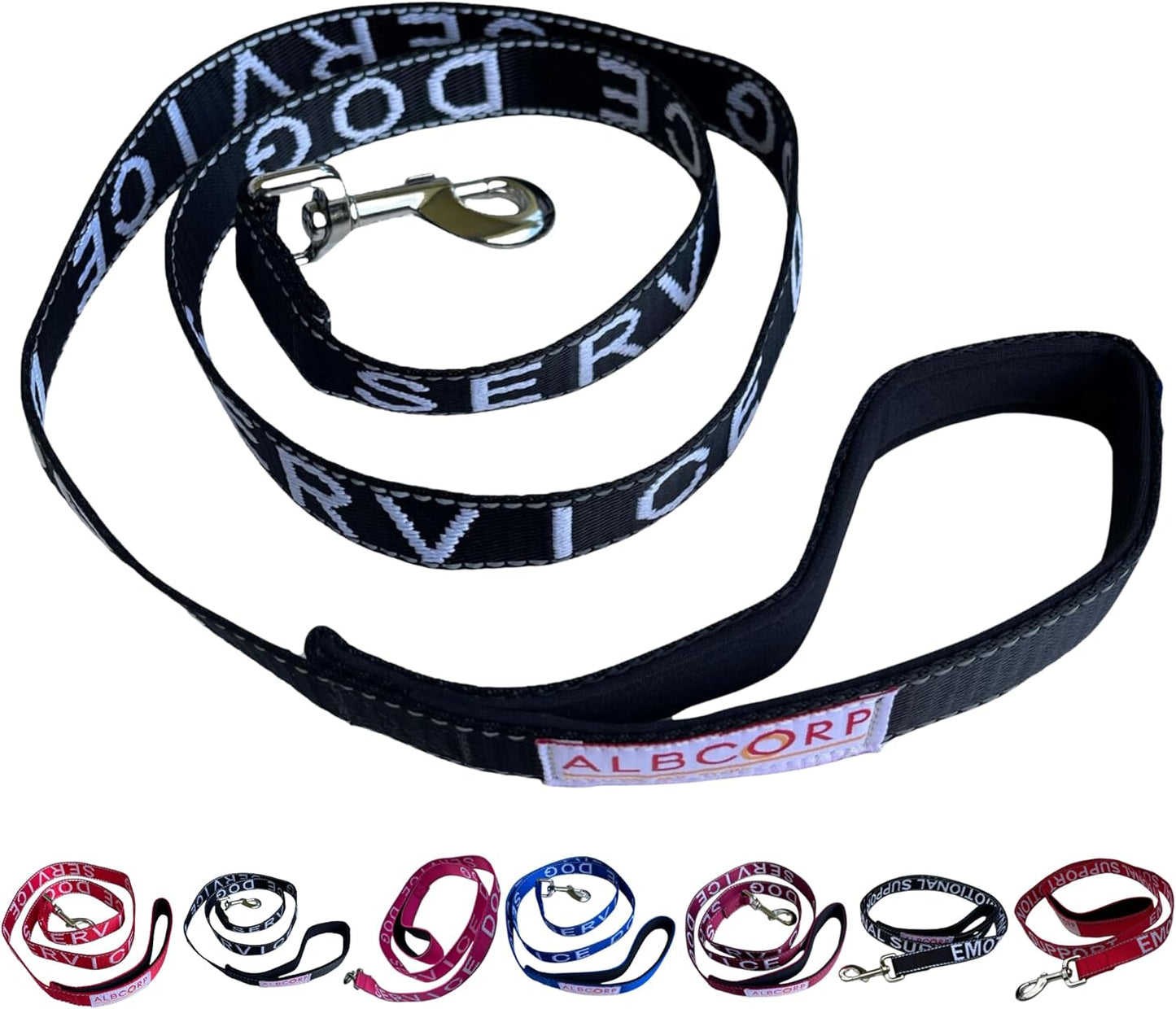 Service Dog Leash - Embroidered- with Padded Neoprene Handle and Reflective Threads, 4 Feet, for Harnesses, Vests or Collars, Black