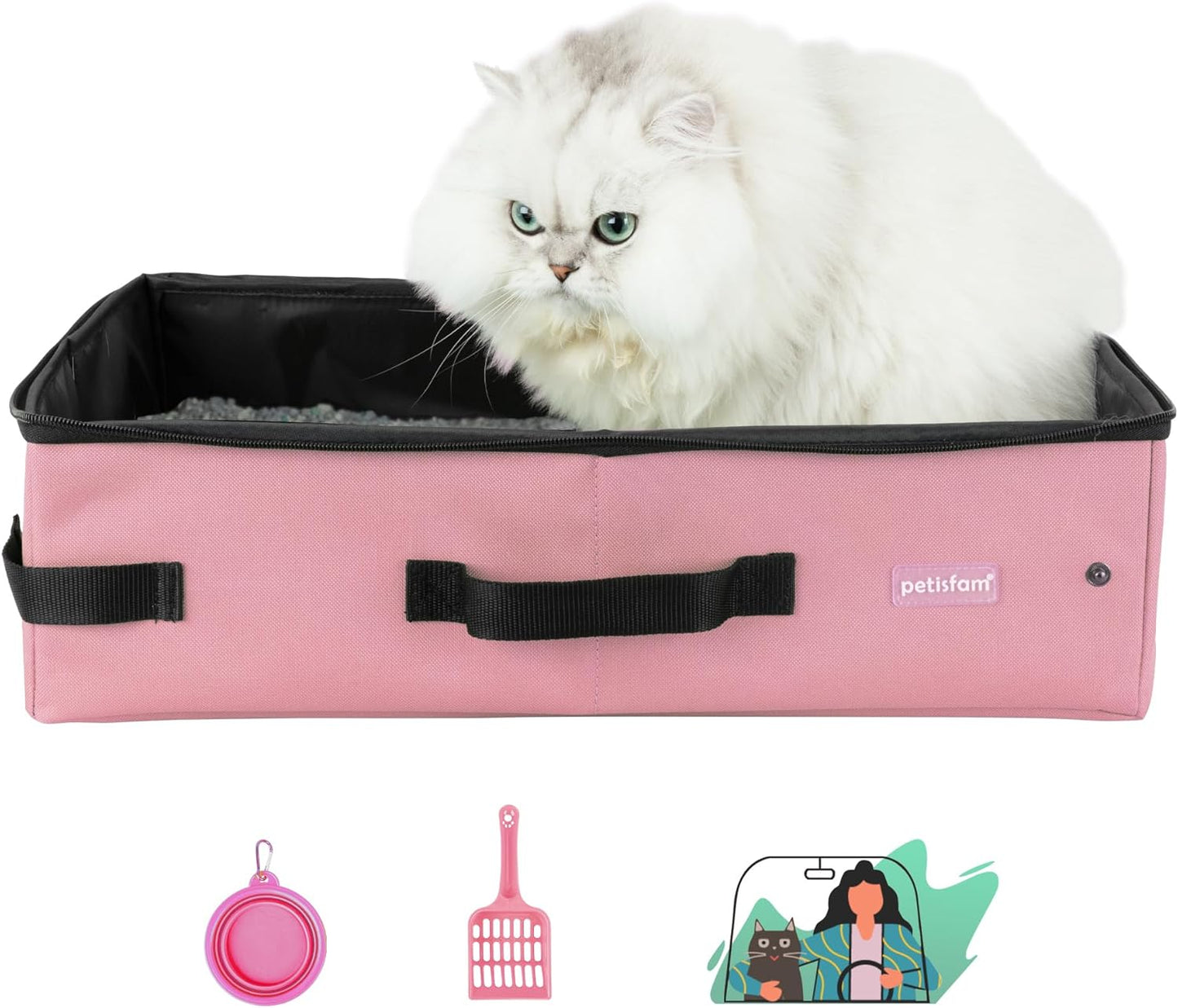 Portable Cat Travel Litter Box. No Leakage, Smell and Messes. One-Handed Carrying for Road Trip, Hotel Stays, Car and Airplane