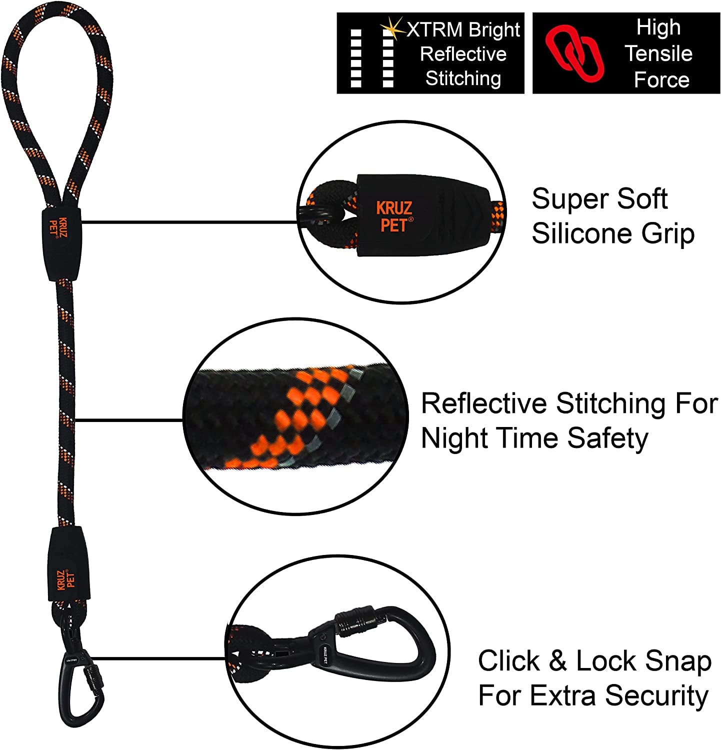 Kruz Short Traffic Leash - KZROPE5020-S8L - Soft Silicone Grip - Click & Lock Snap - Heavy-Duty Reflective Dog Rope for Security, Safety and Control - Walking, Running, Training - Orange - 1/2" X 20"