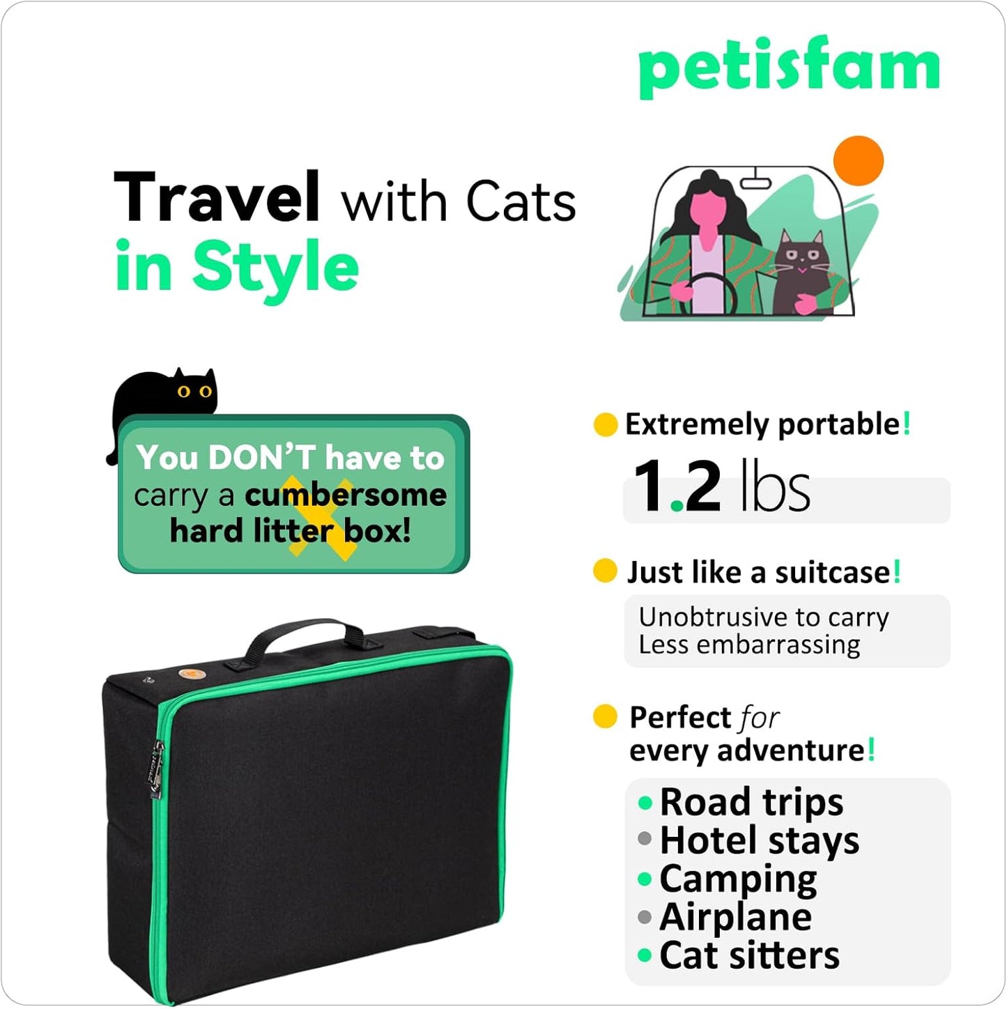 Portable Cat Travel Litter Box. No Leakage, Smell and Messes. One-Handed Carrying for Road Trip, Hotel Stays, Car and Airplane
