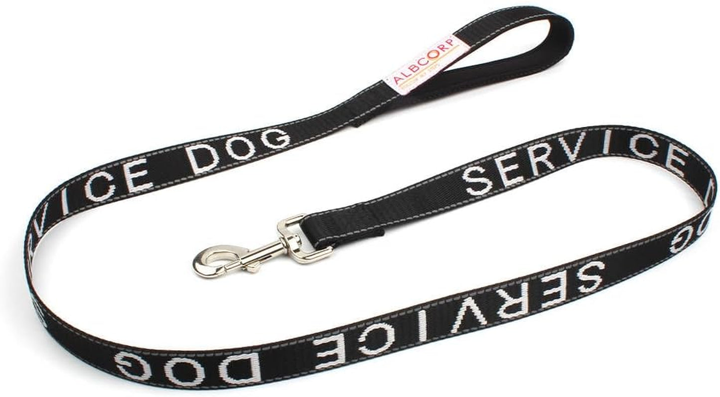 Service Dog Leash - Embroidered- with Padded Neoprene Handle and Reflective Threads, 4 Feet, for Harnesses, Vests or Collars, Black