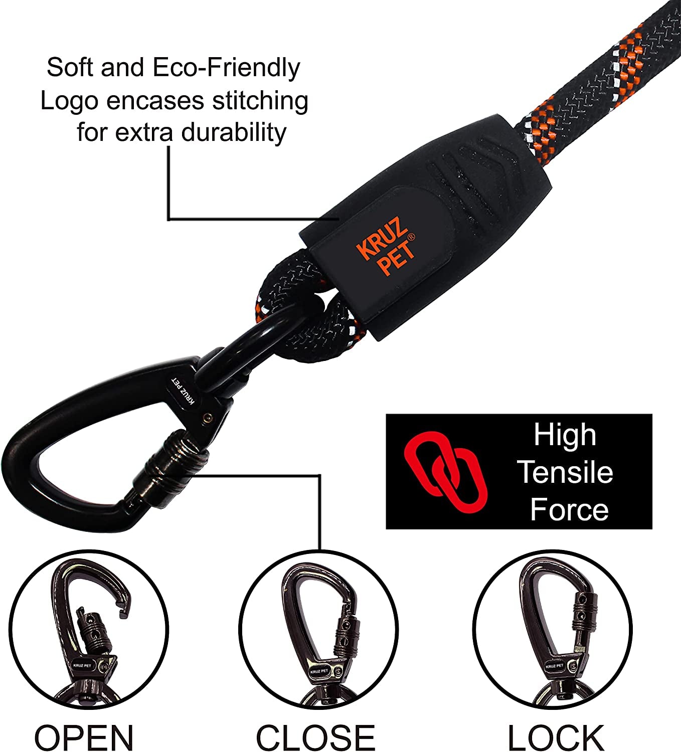 Kruz Short Traffic Leash - KZROPE5020-S8L - Soft Silicone Grip - Click & Lock Snap - Heavy-Duty Reflective Dog Rope for Security, Safety and Control - Walking, Running, Training - Orange - 1/2" X 20"