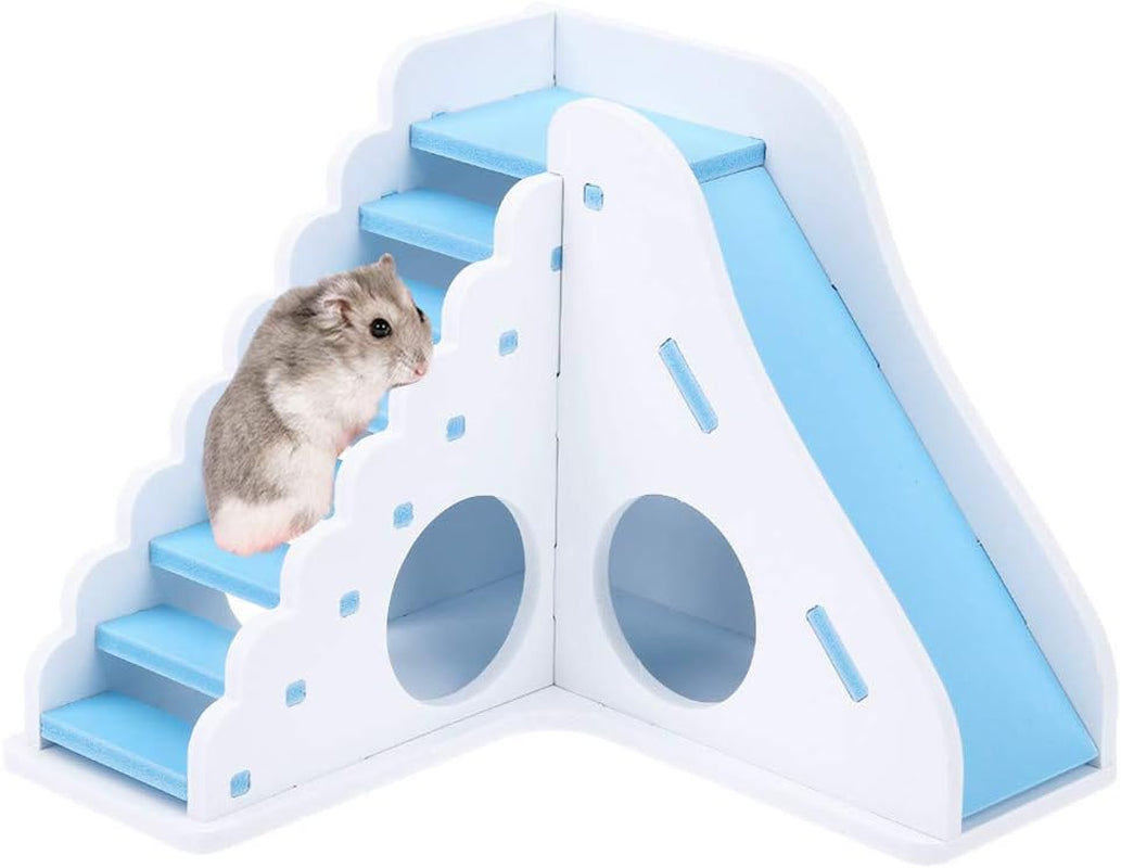 Hamster Hideout Colorful Mini Wooden Slide DIY Assemble Hamster House with Wooden Hamster Platform Bracket Springboard Toy for Mouse, Chinchilla, Rat, Gerbil and Dwarf Hamster (Pack of 2) (Blue)