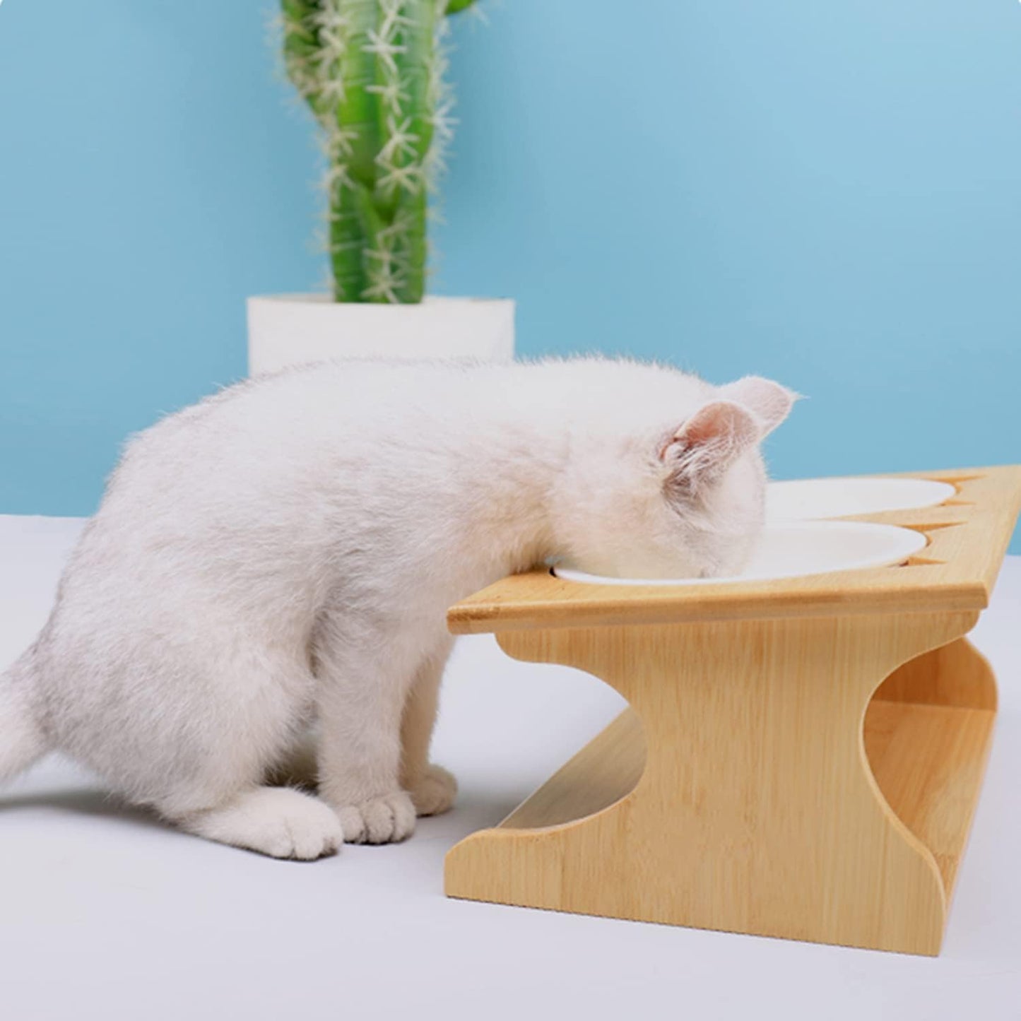Cat Bowls Pet Dining Table with Raised Slope Wooden Stand Elevated Pet Bowls with Oblique Stand for More Comfortable Eating for Cats, Dogs, Kitten and Puppy (Double Bowl, Ceramics)