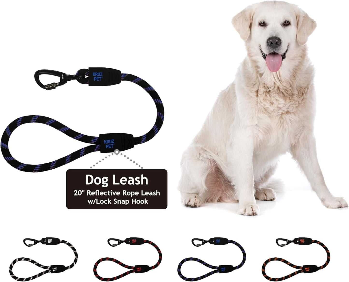 Kruz Short Traffic Leash - KZROPE5020-S8L - Soft Silicone Grip - Click & Lock Snap - Heavy-Duty Reflective Dog Rope for Security, Safety and Control - Walking, Running, Training - Orange - 1/2" X 20"