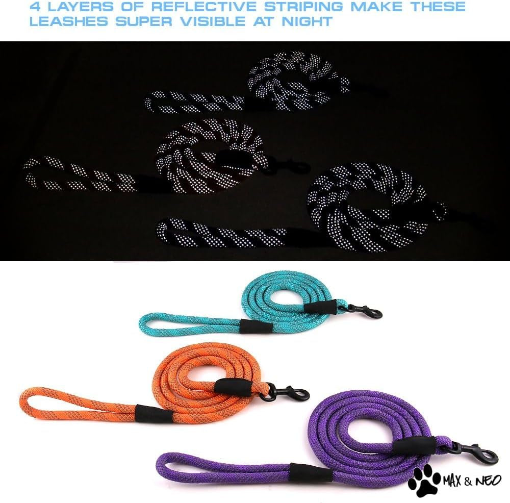 Rope Leash Reflective 6 Foot - We Donate a Leash to a Dog Rescue for Every Leash Sold (Black, 6 FT X 1/2")