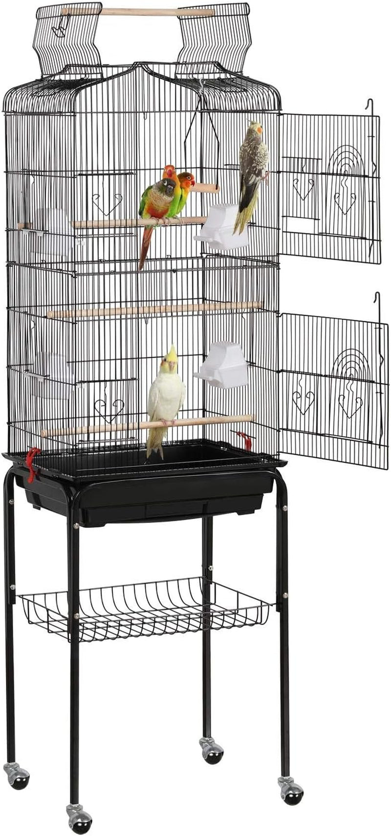 64-Inch Open Play Top Bird Cages for Parakeets Cockatiels Finches Lovebirds Canaries Conures Budgies Parrot Birdcage W/Detachable Rolling Stand, White