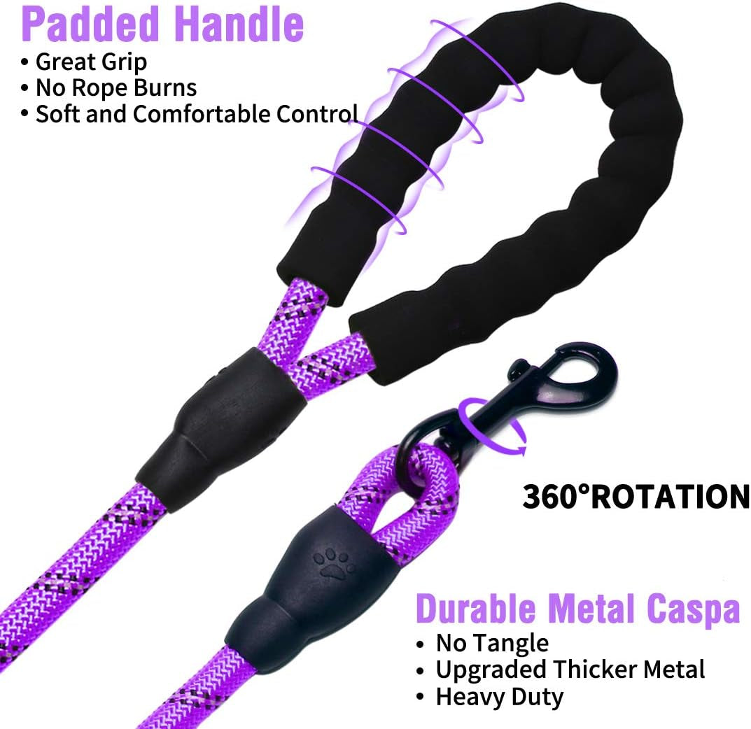 2 Pack Dog Leash 6 FT Thick Durable Nylon Rope - Comfortable Padded Handle - Highly Reflective Threads - Dog Leashes for Medium and Large Dogs with Collapsible Pet Bowl