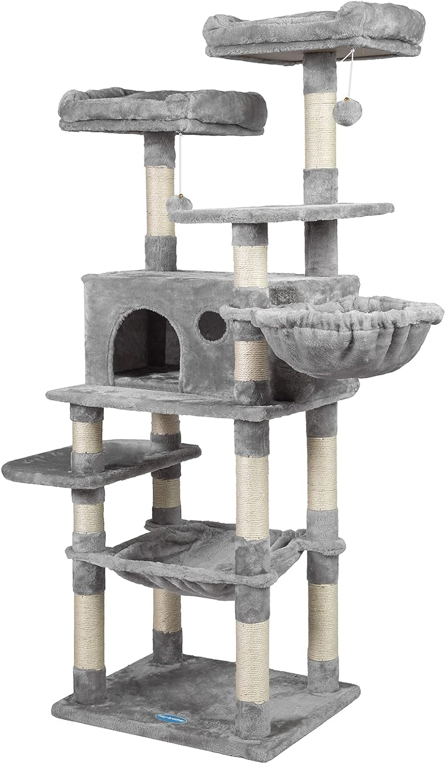 Cat Tree for Large Cats, Cat Tower with Scratching Posts, 2 Padded Plush Perches, Big Condo and Cozy Basket, Smoky Gray MPJ025G