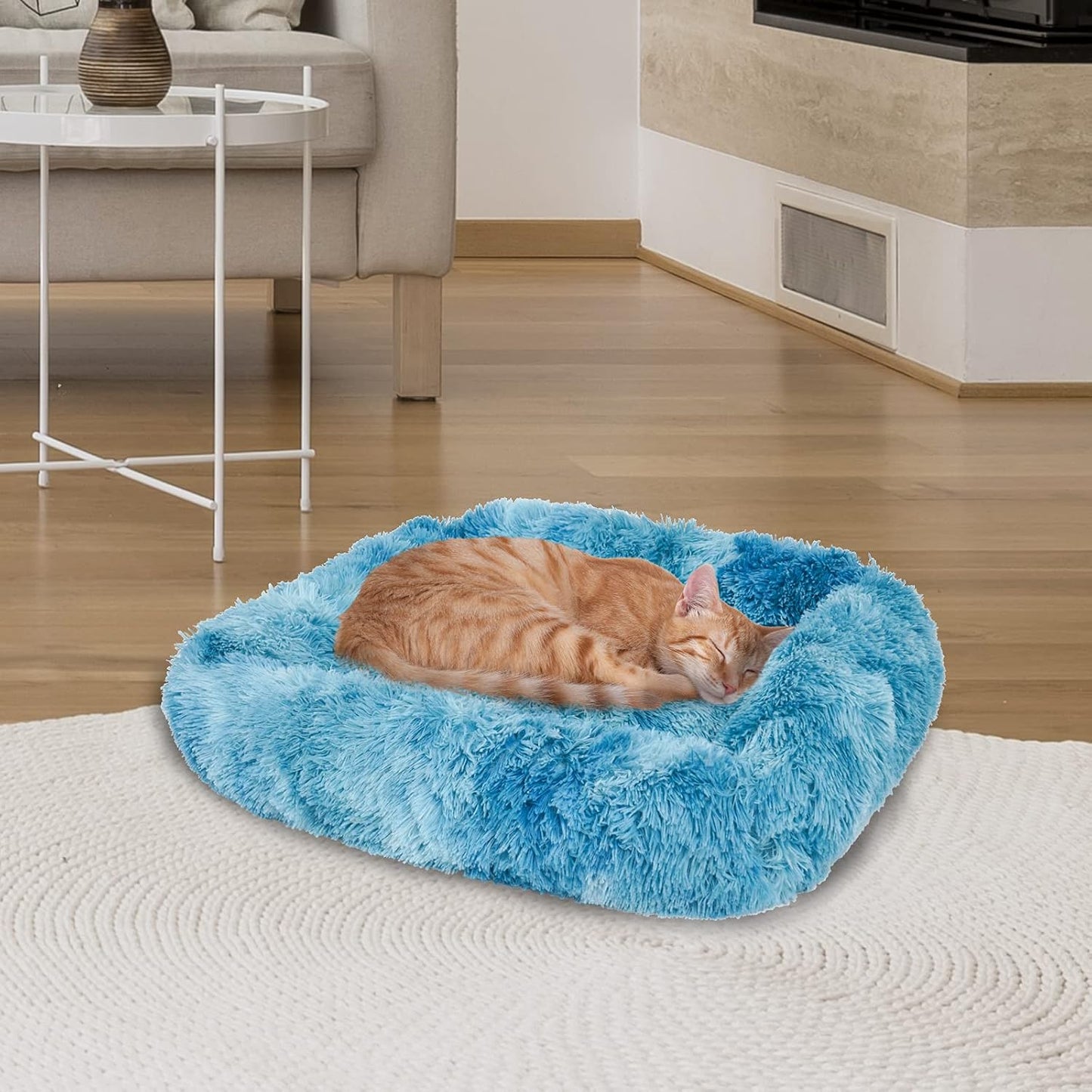 2 in 1 Rectangle Pet Bed and Cooling Mat Soft Long Plush Cat Bed Dog Bed and Ice Pad for Small, Medium, Large Dogs/Cats, Suitable for All Seasons Blue L