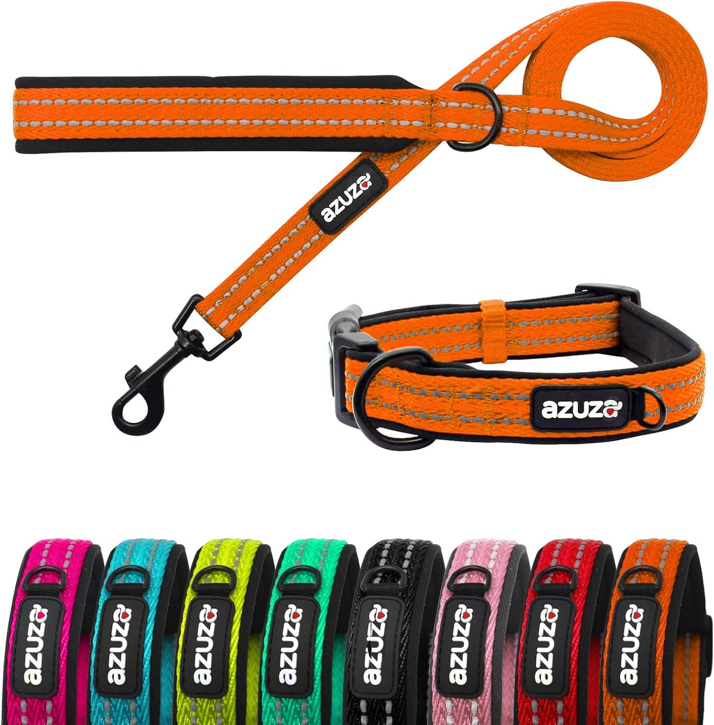 Durable Padded Dog Leash and Collar Set,Reflective Strip Extra Safe and Comfy for Large Dogs, Orange