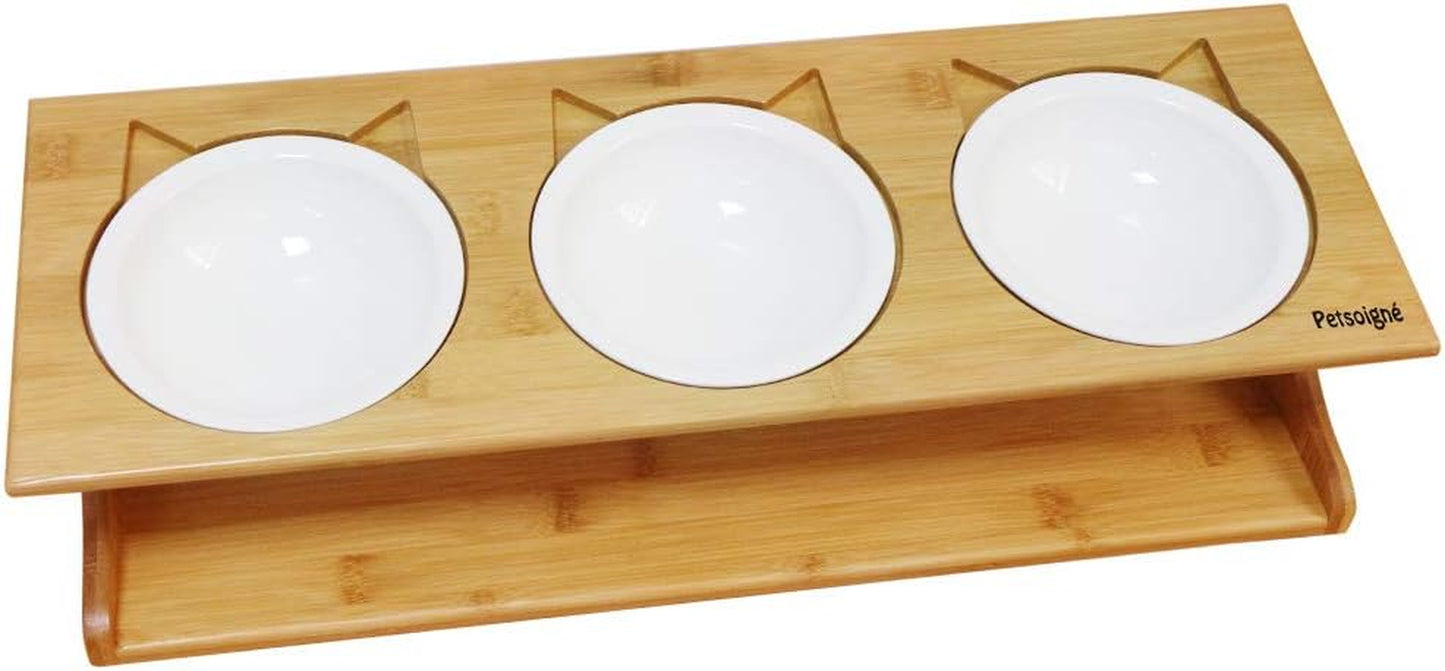 Cat Bowls Pet Dining Table with Raised Slope Wooden Stand Elevated Pet Bowls with Oblique Stand for More Comfortable Eating for Cats, Dogs, Kitten and Puppy (Double Bowl, Ceramics)