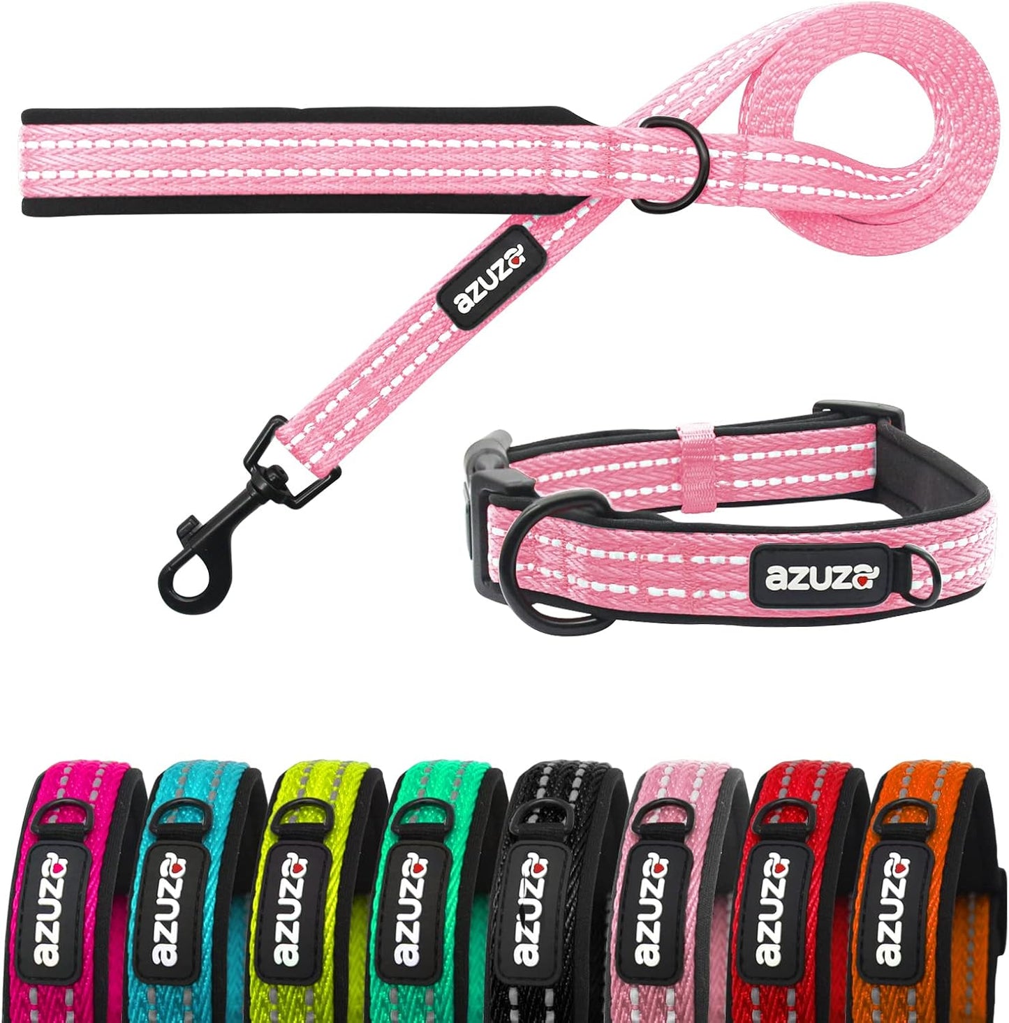 Durable Padded Dog Leash and Collar Set,Reflective Strip Extra Safe and Comfy for Large Dogs, Orange