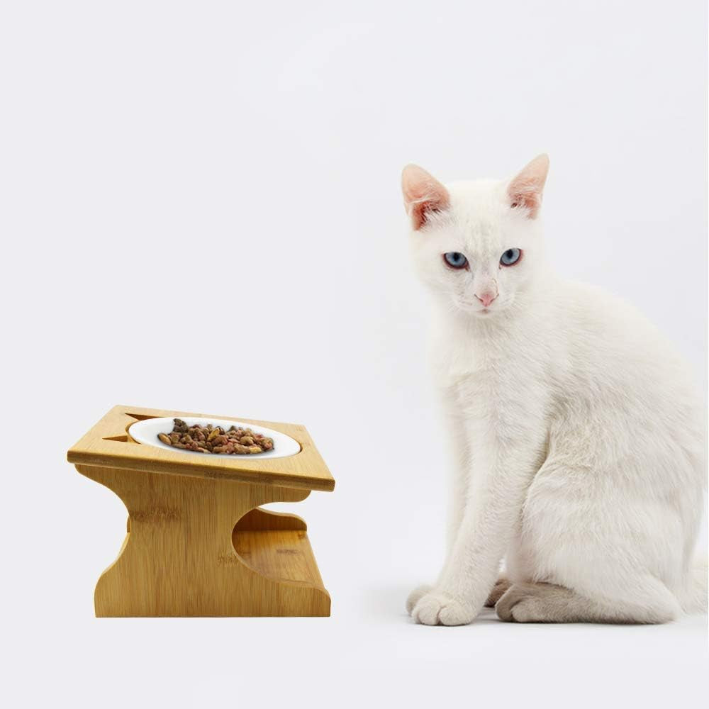 Cat Bowls Pet Dining Table with Raised Slope Wooden Stand Elevated Pet Bowls with Oblique Stand for More Comfortable Eating for Cats, Dogs, Kitten and Puppy (Double Bowl, Ceramics)