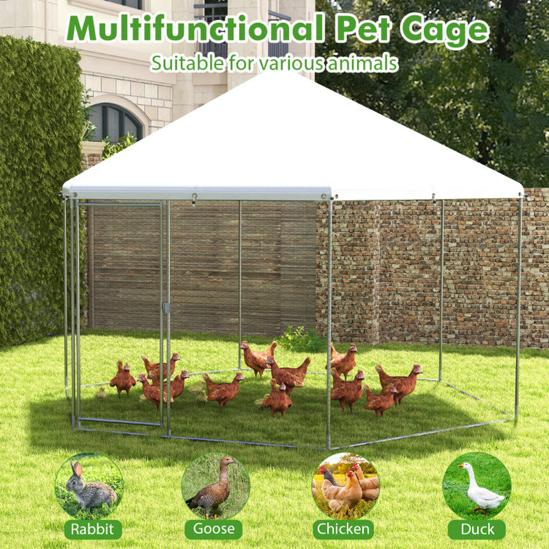 13FT Large Metal Hexagonal Chicken Coop with Wire Mesh and Lockable Door